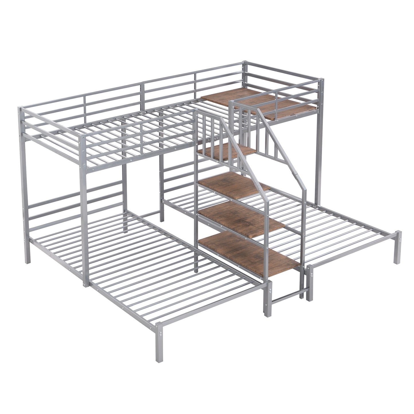 Three-Tiered Metal Bunk Bed with Storage and Staircase, Silver Twin over Twin