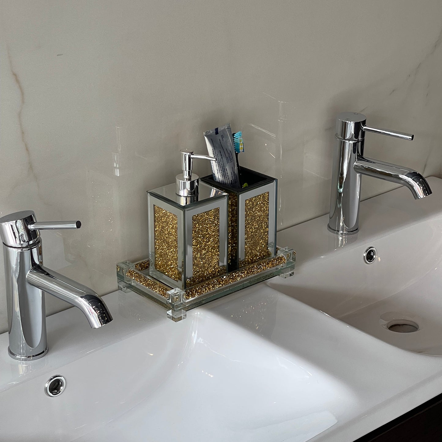 Elegant Gold Glass Soap Dispenser and Toothbrush Holder Set