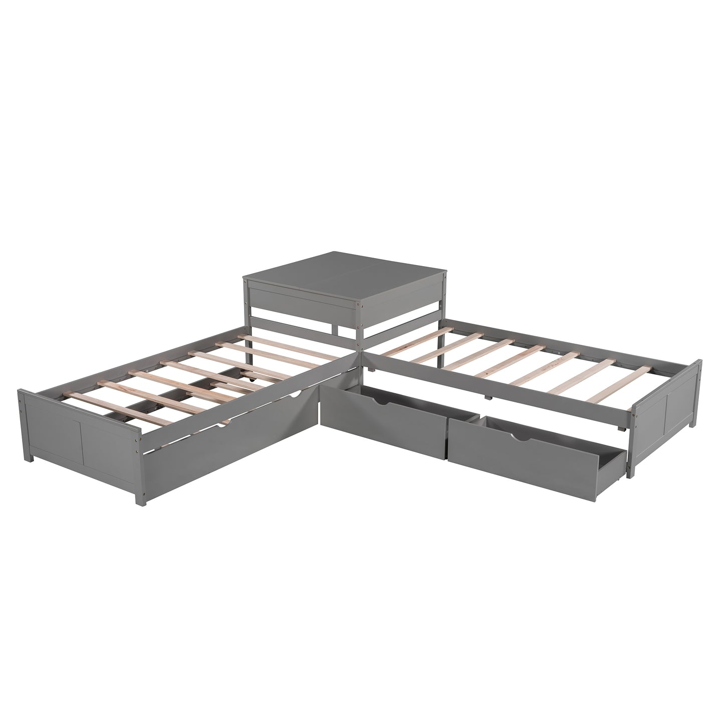 L-shaped Platform Bed with Trundle and Drawers Linked with built-in Desk,Twin,Gray