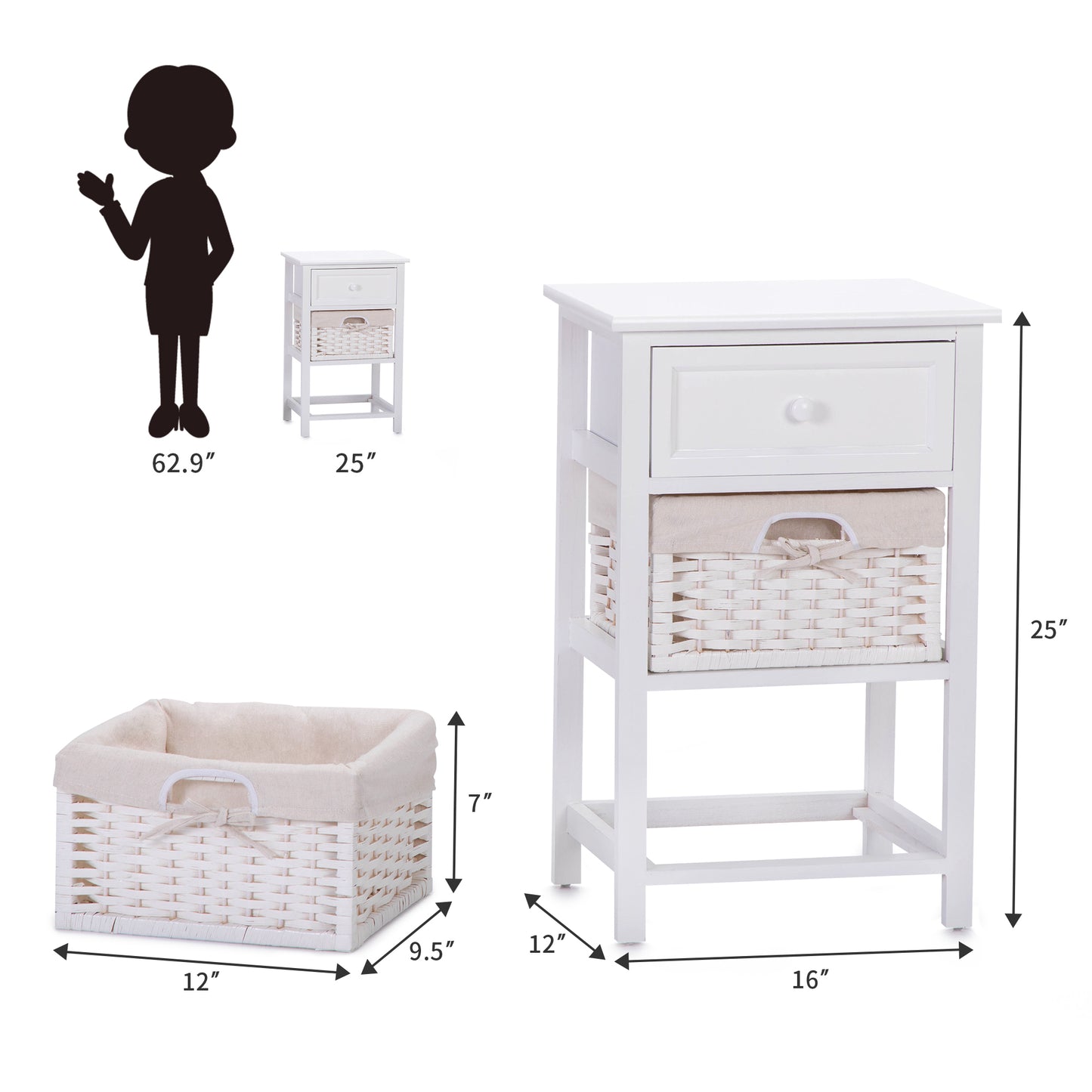 One Drawer Nightstand with Two Removable Baskets, Storage Bedside Table, Modern End Table with Tall Legs, Indoors, White