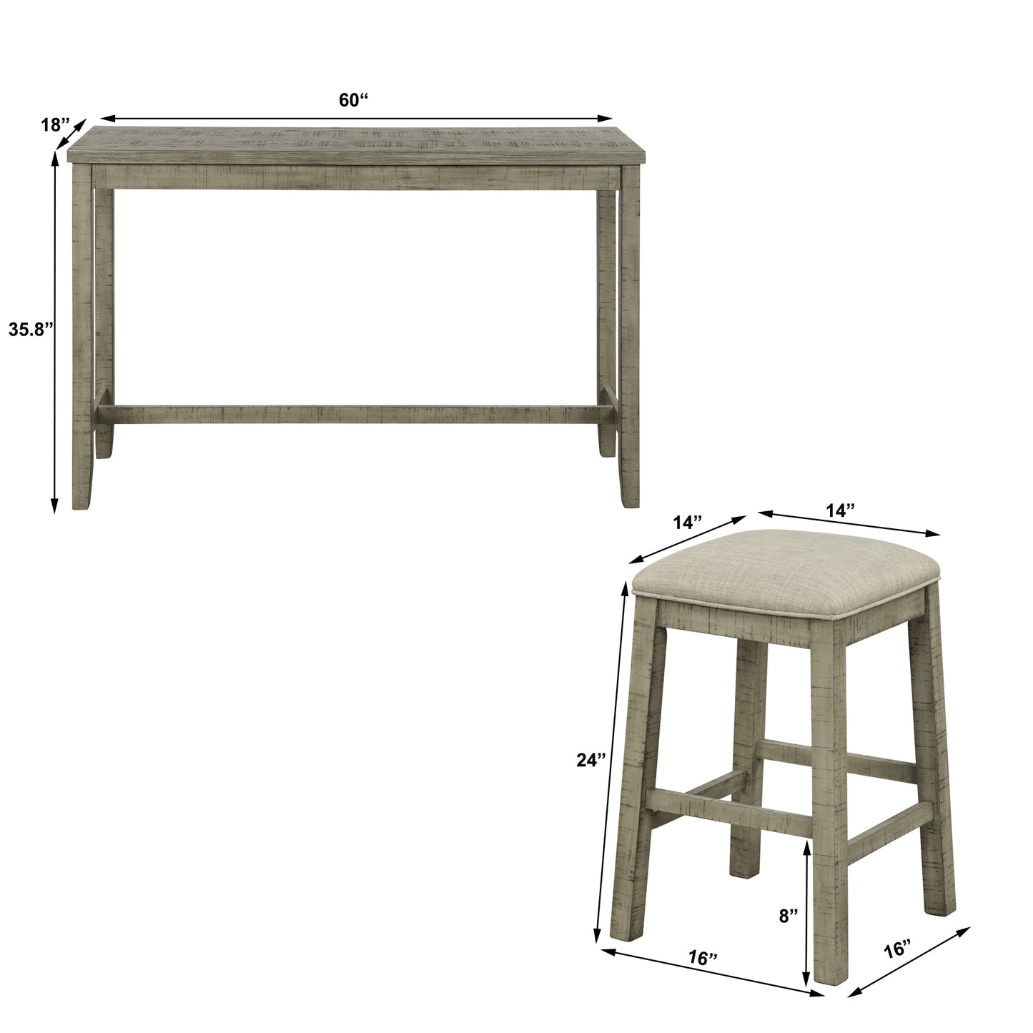 4 Pieces Counter Height Table with Fabric Padded Stools,Rustic Bar Dining Set with Socket,Gray Green