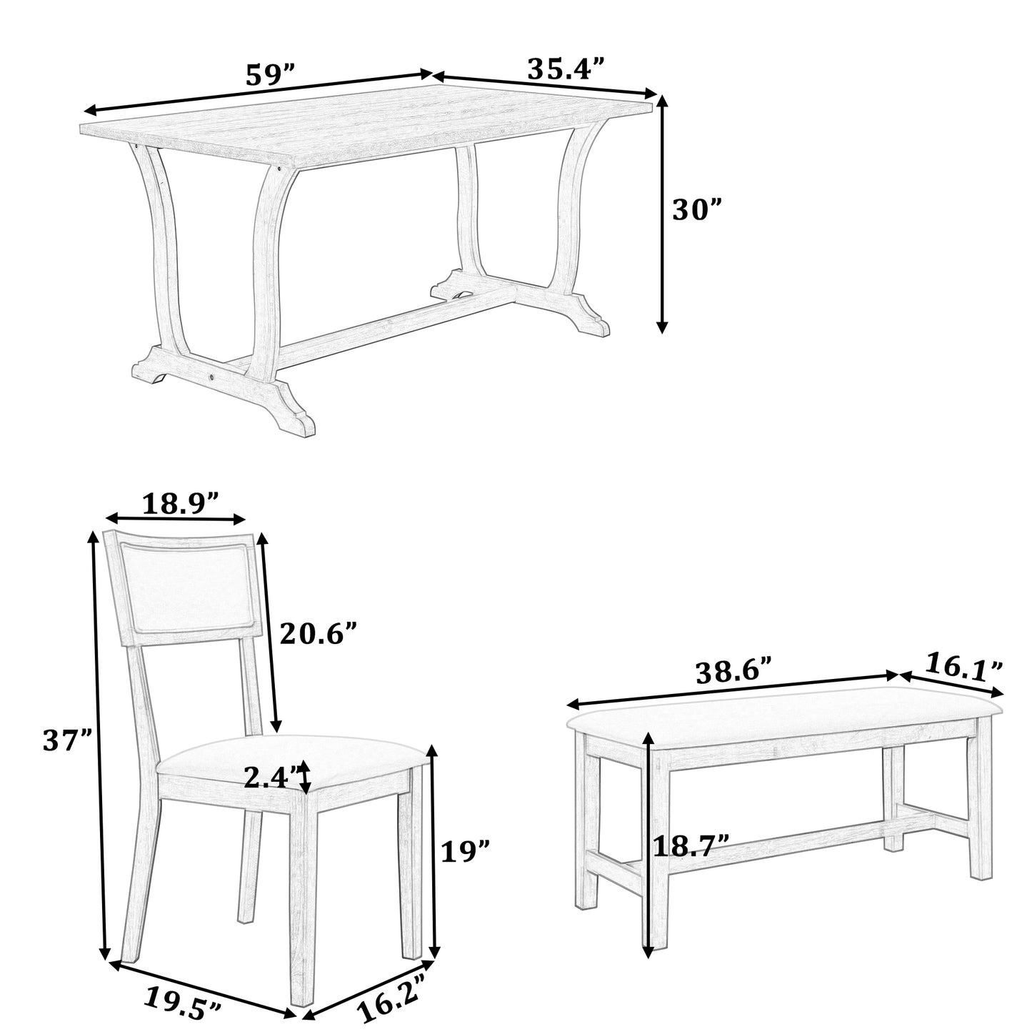 Farmhouse 6-Piece Trestle Dining Table Set with Upholstered Dining Chairs and Bench, 59inch, White