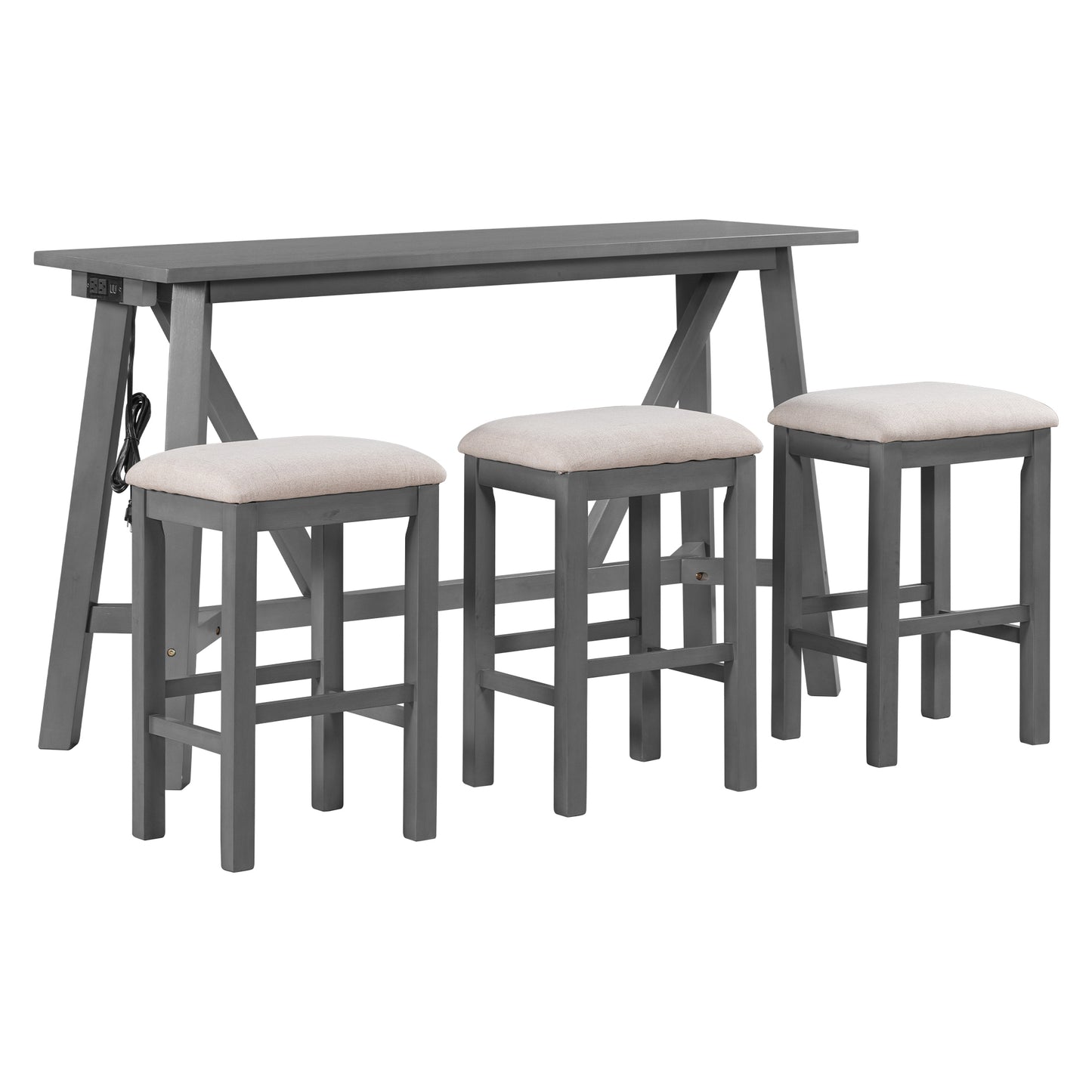 TREXM Multipurpose Home Kitchen Dining Bar Table Set with 3 Upholstered Stools(Gray)