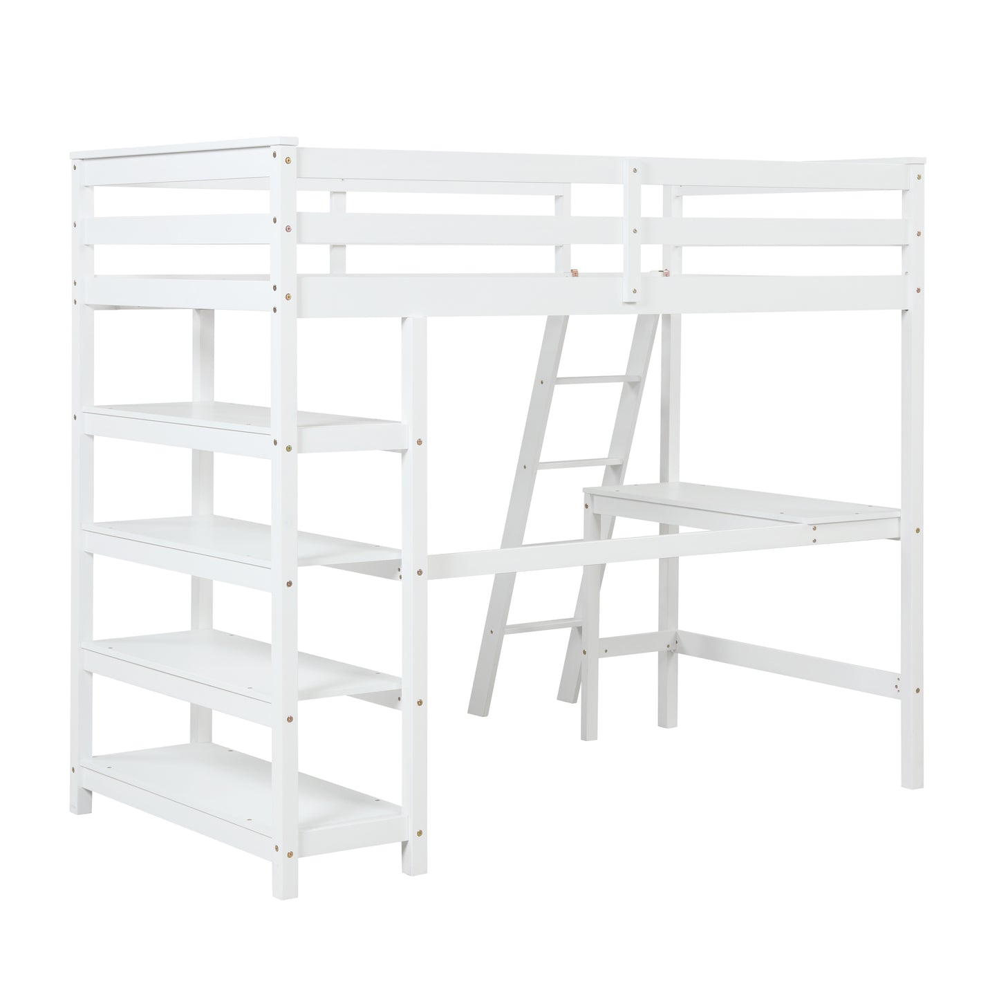 Twin Loft Bed with desk,ladder,shelves , White