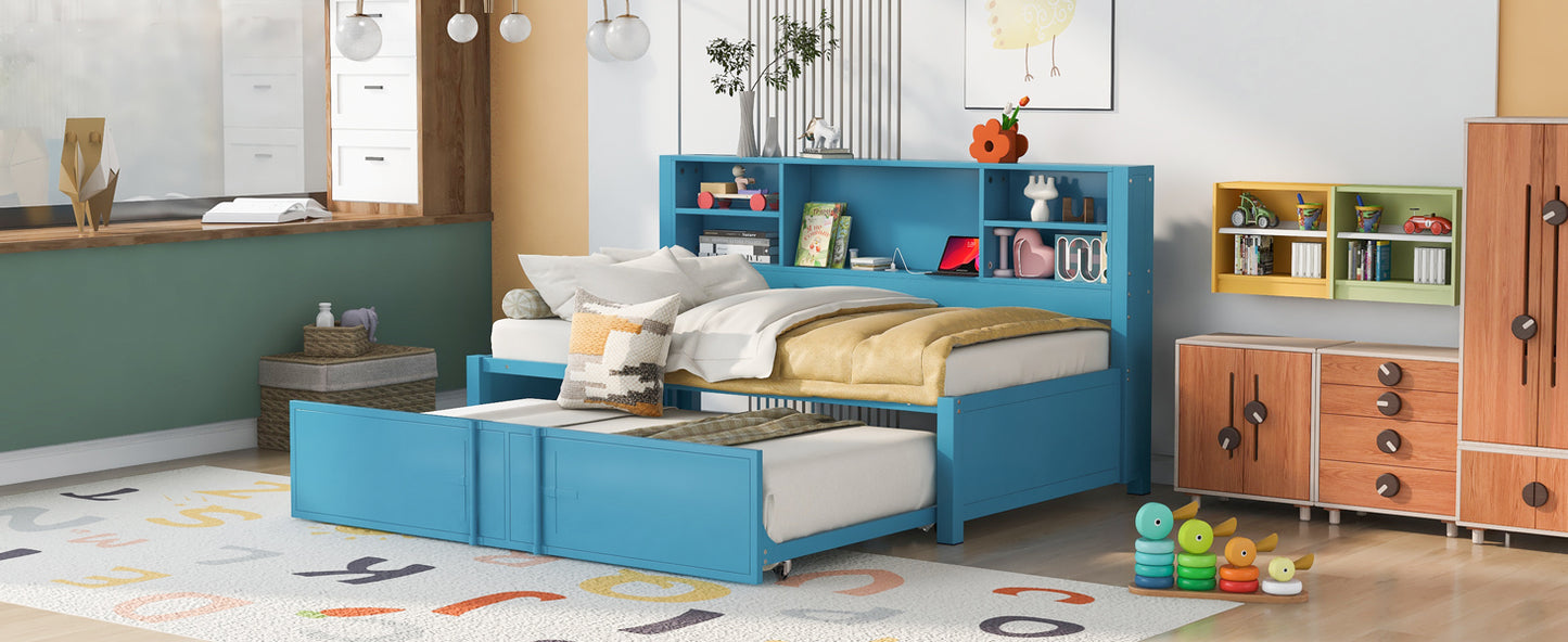 Metal Twin Size Daybed with Twin Size Trundle, Storage Shelves and USB Ports, Blue