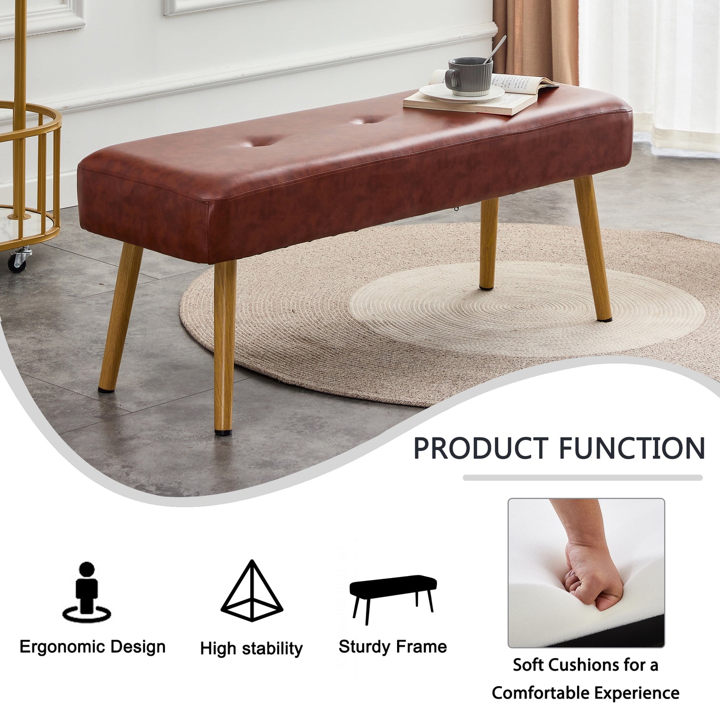 PU Upholstered Bench With Metal Legs .Shoe Changing Bench Sofa Bench Dining Chair .for to Bedroom Fitting Room, Store, Dining Room and Living Room.BrownST-004-BR