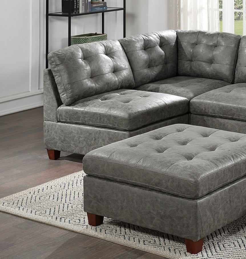 Antique Grey Breathable Leatherette Modular Sectional Set + Ottoman