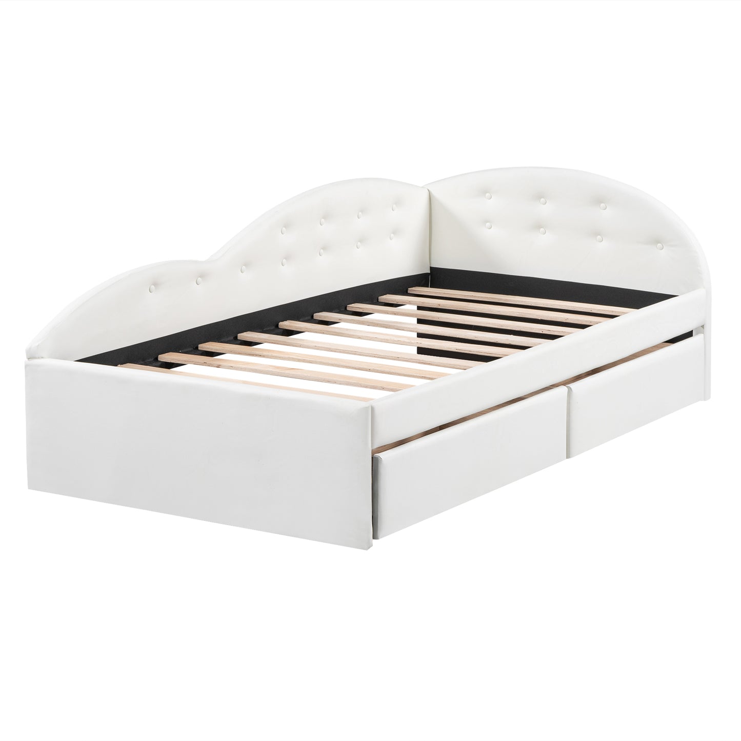 Twin Size PU Upholstered Tufted Daybed with Two Drawers and Cloud Shaped Guardrail, White