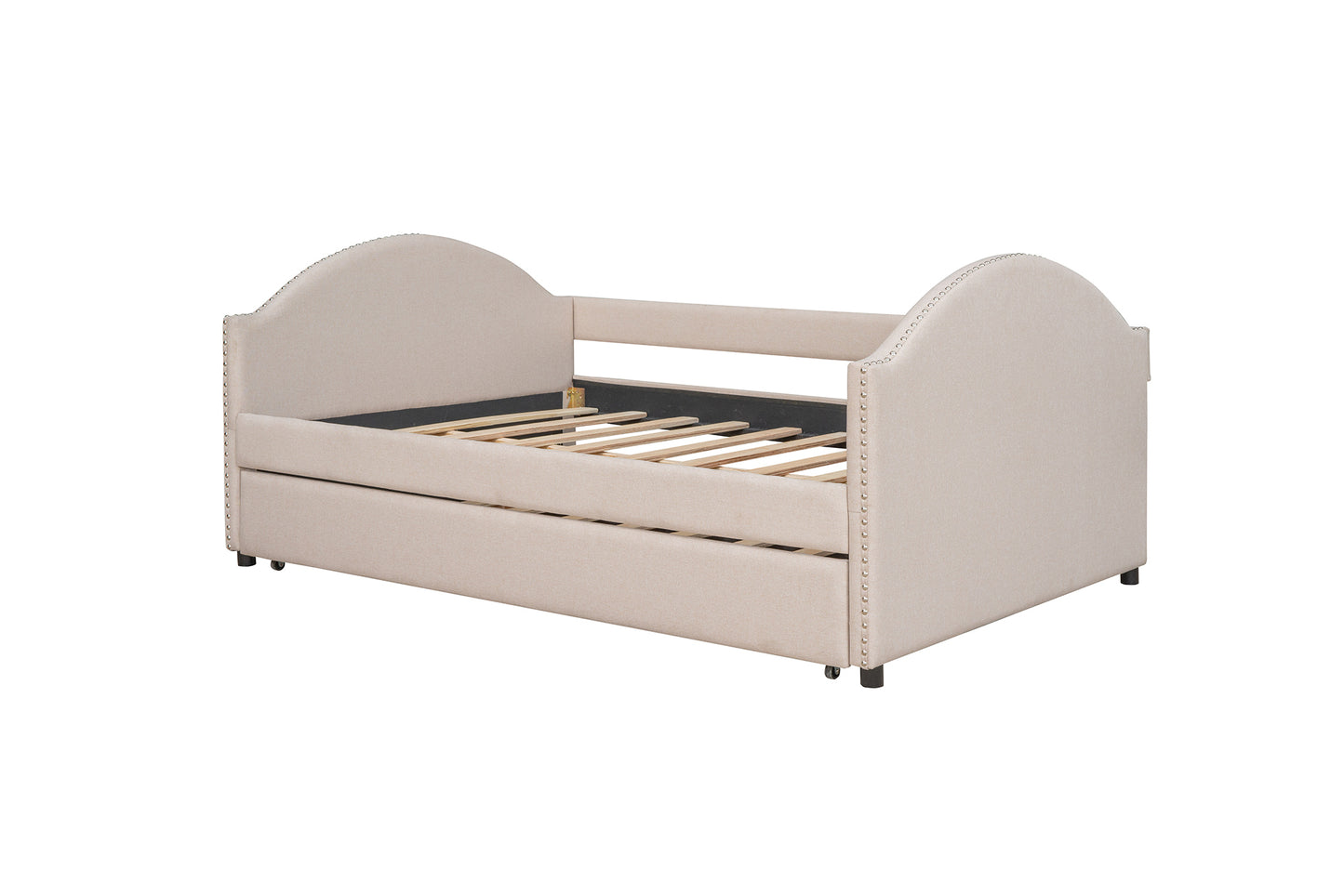 Full size Upholstered Daybed with Twin Size Trundle, Wood Slat Support, Beige