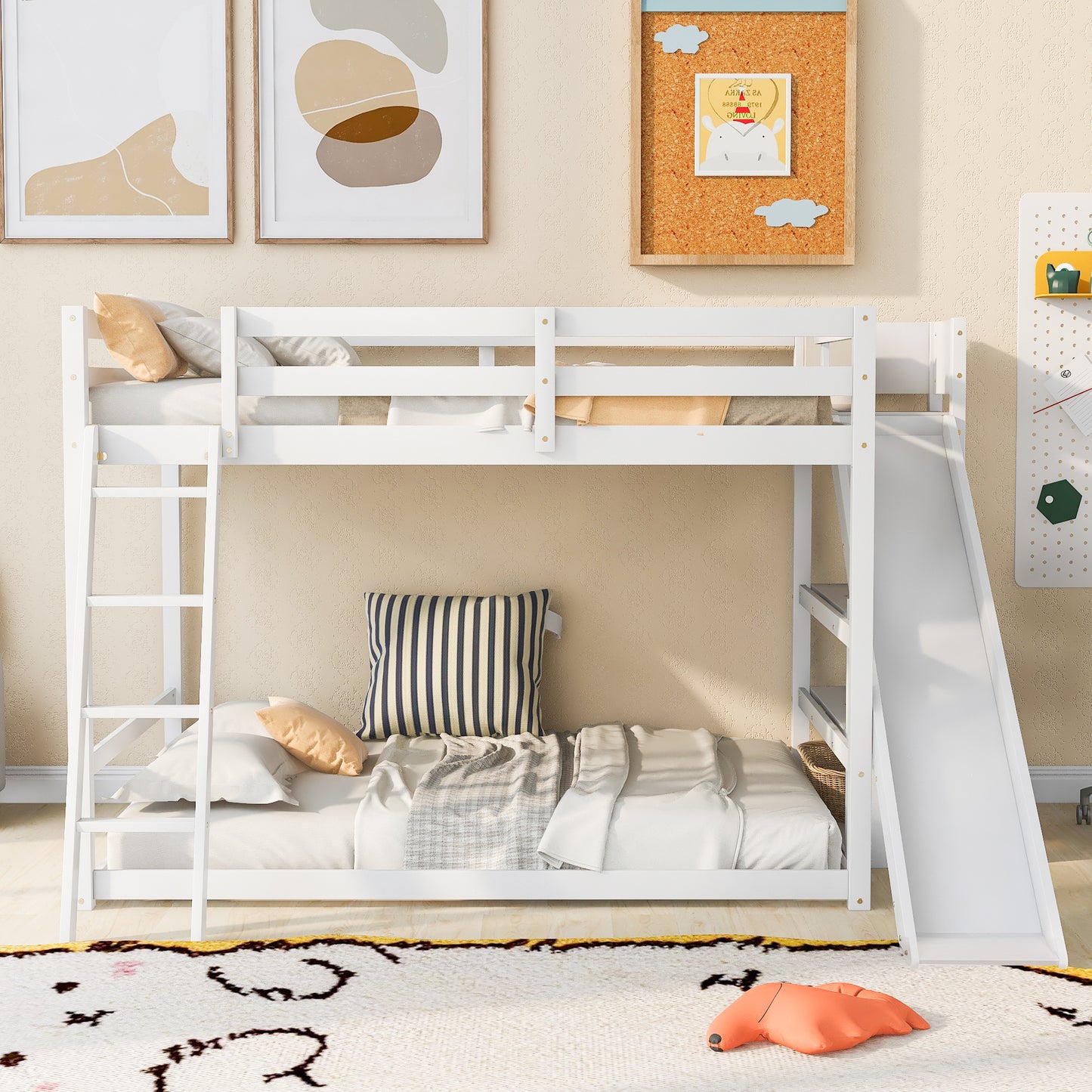 White Full Bunk Bed with Slide, Ladder, and Shelves