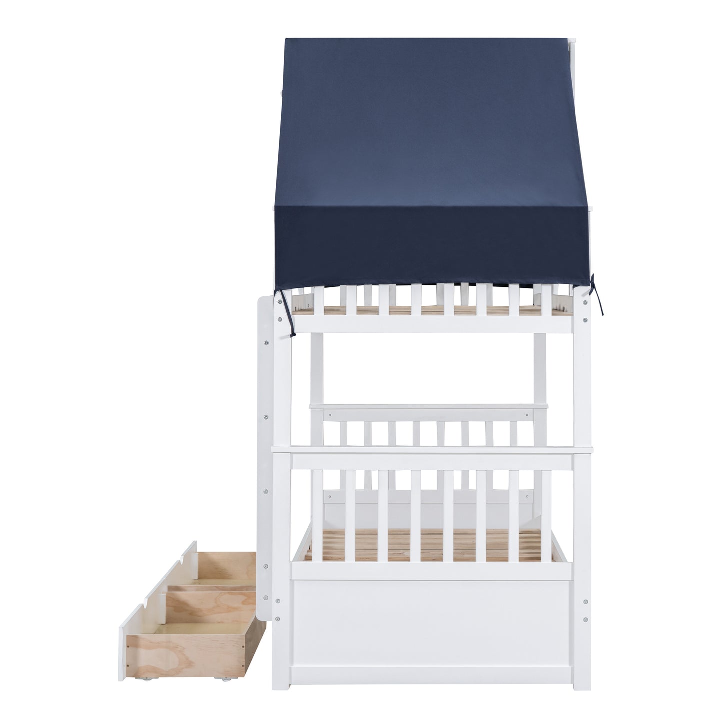 House-Shaped Twin Bunk Bed with Tent, Drawers, White & Blue