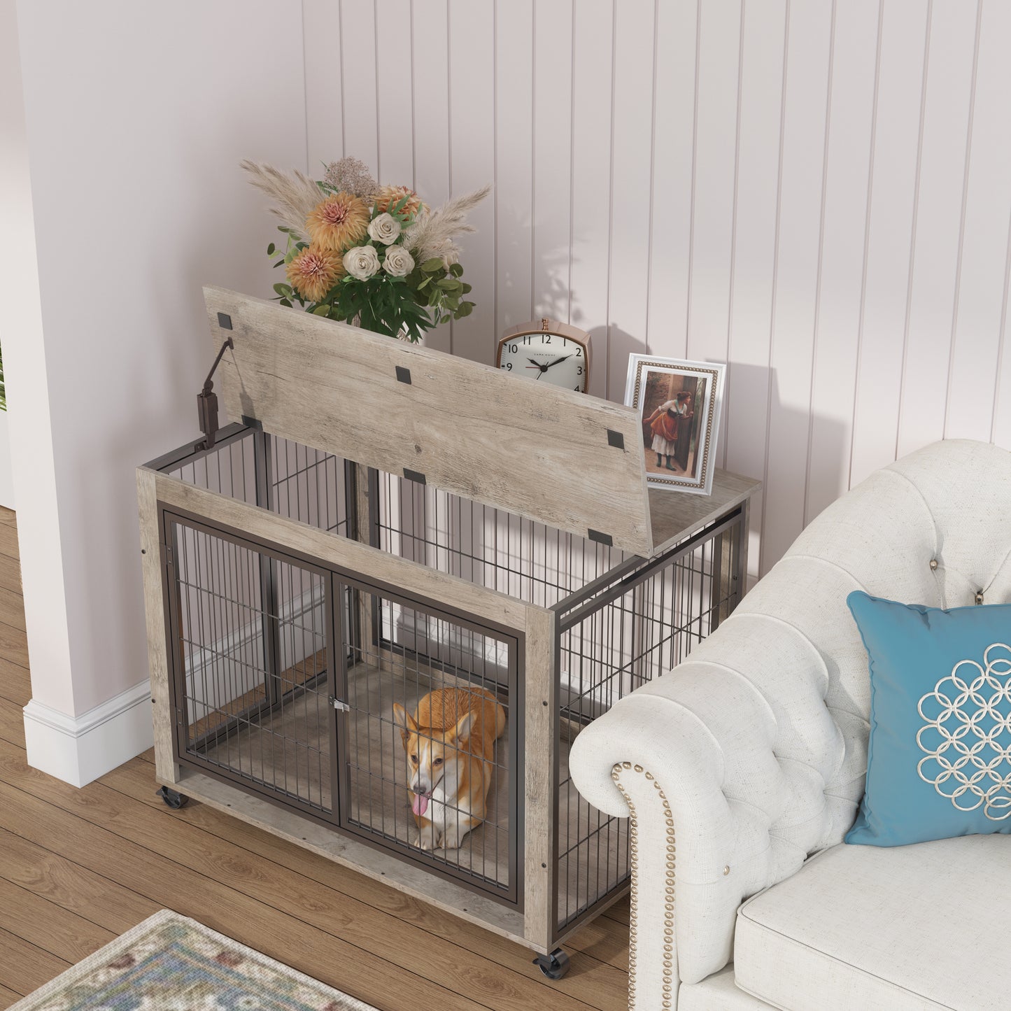 Furniture Style Dog Crate Side Table on Wheels with Double Doors and Lift Top.（Grey,38.58’’w x 25.5’’d x 27.36’’h）