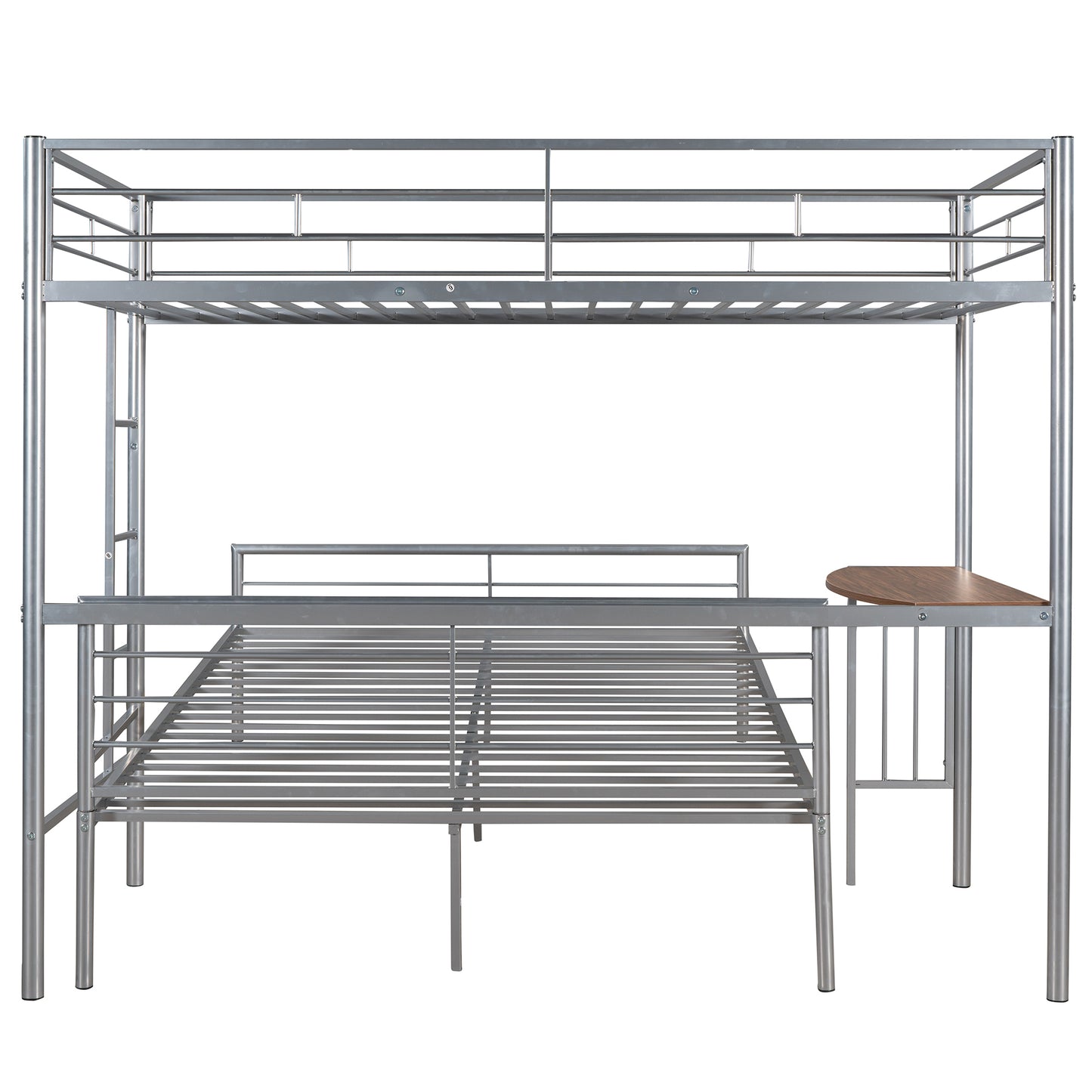 Silver Metal Twin Over Full Loft Bed with Integrated Desk and Ladder