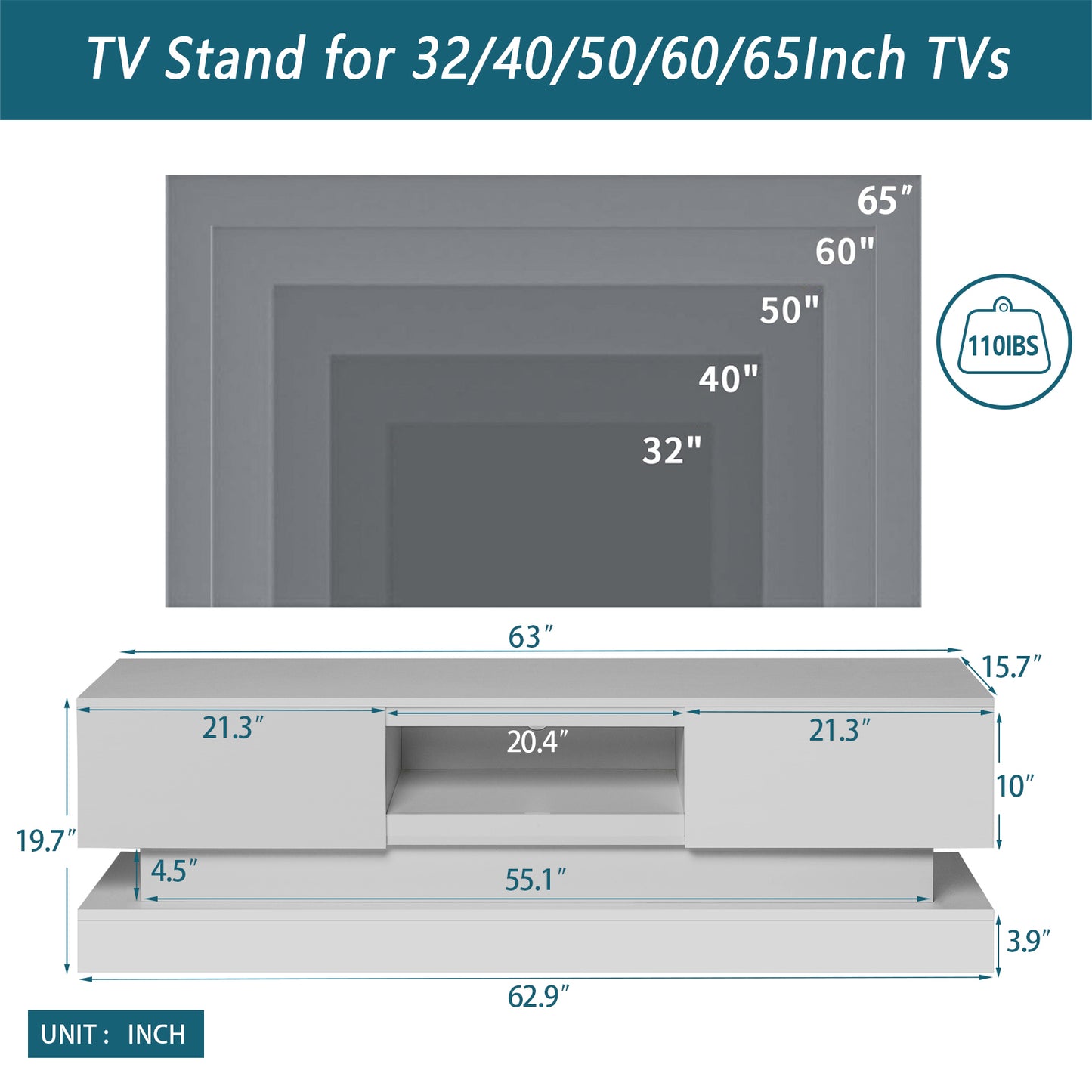 63 Modern TV Stand with RGB LED Lights and Ample Storage - White