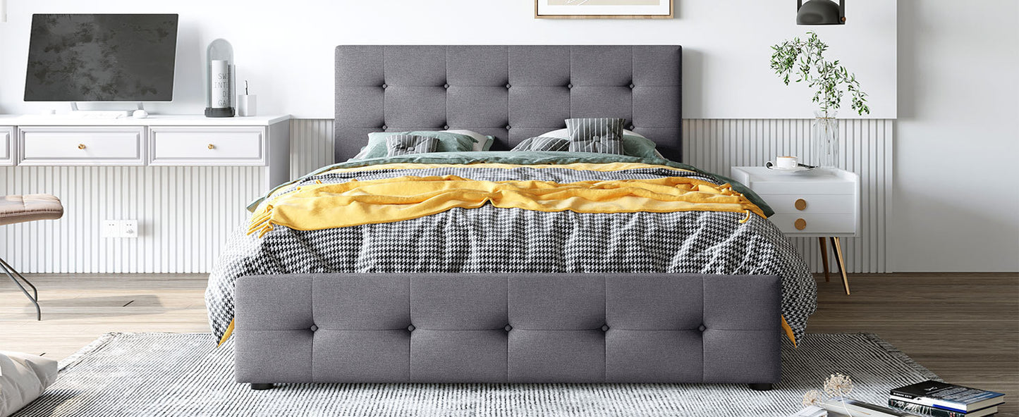 Upholstered Platform Bed with Classic Headboard and 4 Drawers, No Box Spring Needed, Linen Fabric, Queen Size Dark gray