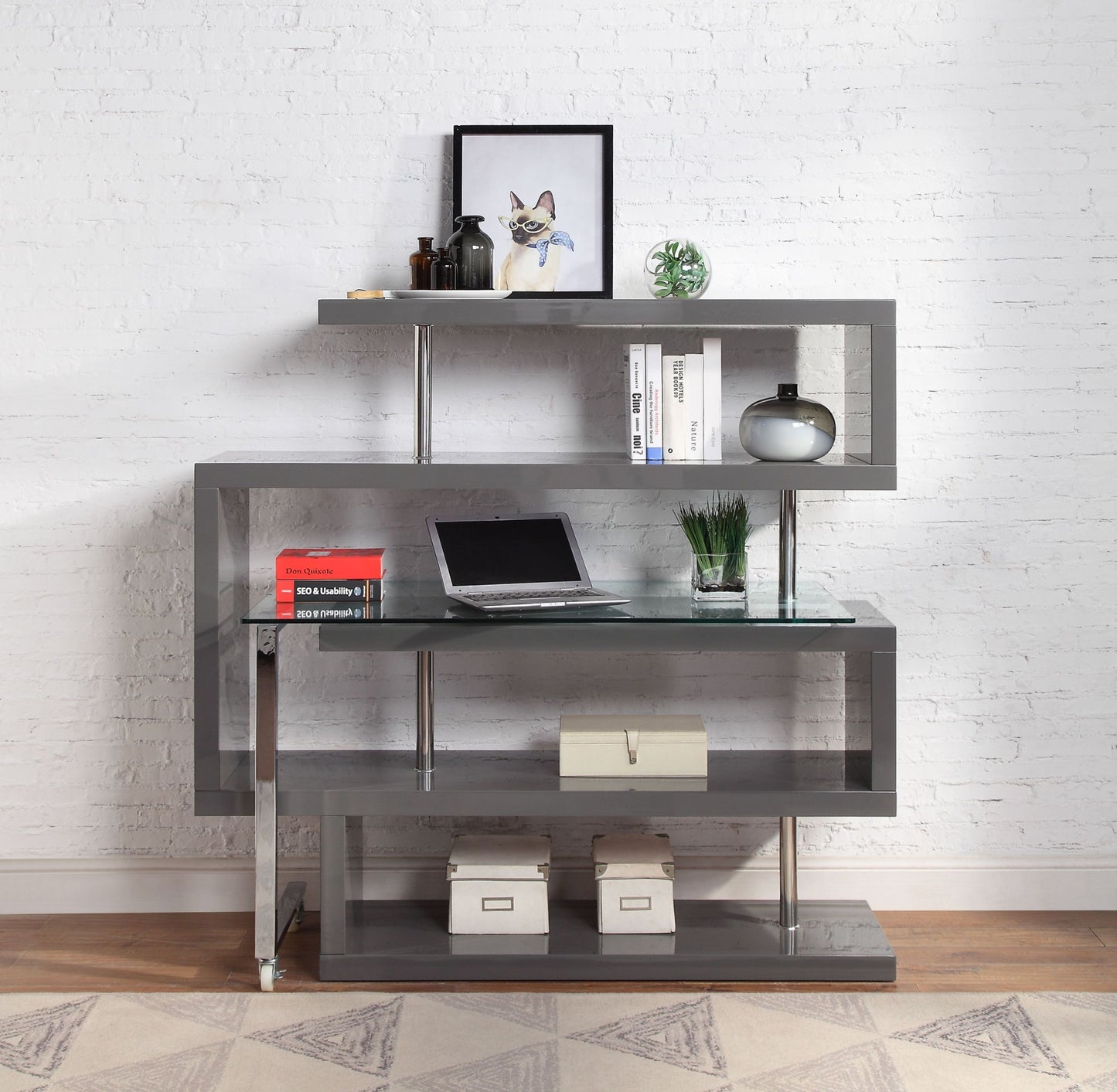 Versatile Glass Writing Desk with Swiveling Shelf and Gray Finish for Small Spaces