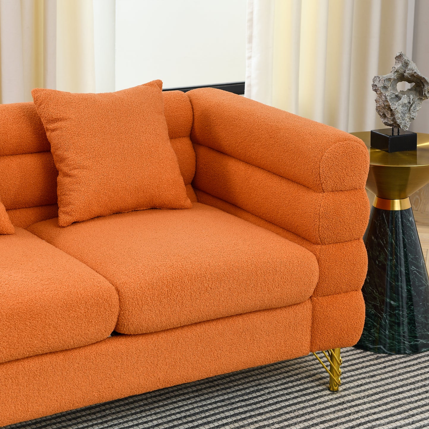 Oversized 3 Seater Sectional Sofa with Lumbar Pillows, Orange teddy, 81 Inch