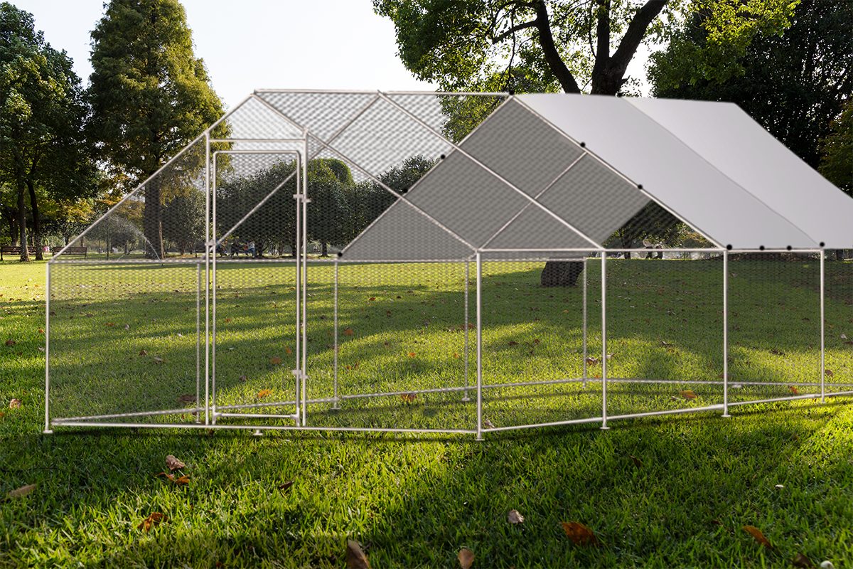 Metal Large Chicken Coop Walk-in Poultry Cage Large Chicken Run Spire Shaped Cage with Waterproof Anti-UltravioletCover, 1.26" Diameter Tube (9.8' L x 26.2' W x 6.4' H)