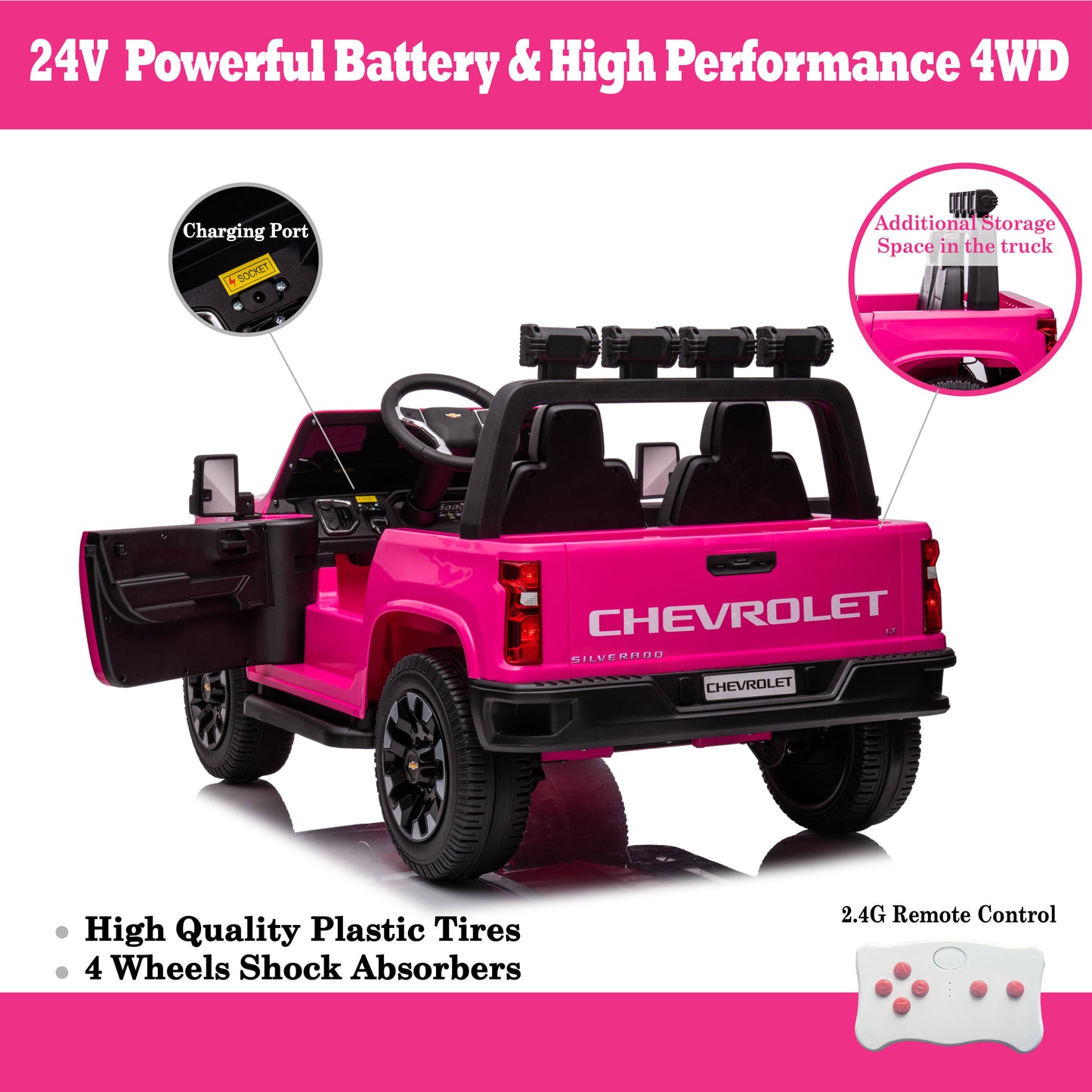 Pink, 24V 2 Seater Ride On Truck Car, Licensed Chevrolet Silverado HD Electric Car for Kids, 4WDmotors, with2.4G Remote Control, Metal Suspension, Soft Start, FM/Bluetooth/Music, LED Light,Toys Gifts