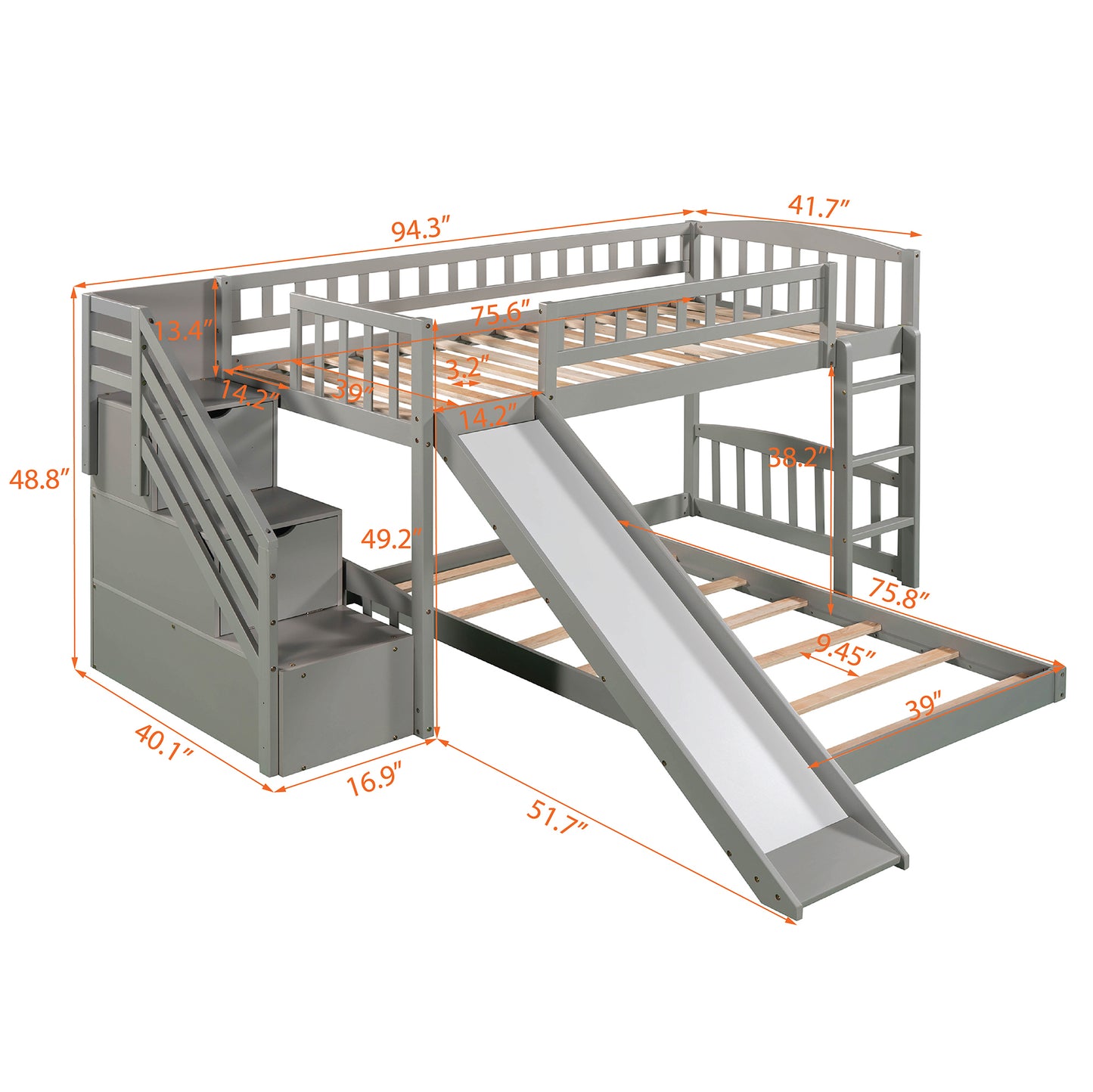 Gray Twin Bunk Bed with Slide, Drawers, and Playful Features