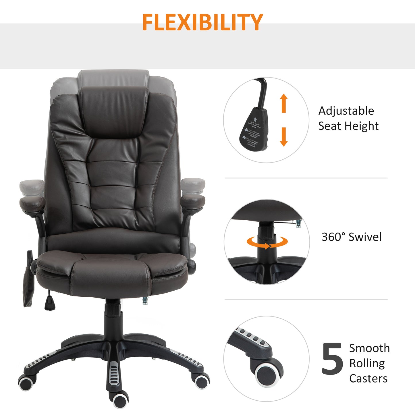 6 Vibrating Massage Office Chair, 5 Modes High Back Executive Heated Chair with Reclining Backrest Padded Armrest, Dark Brown