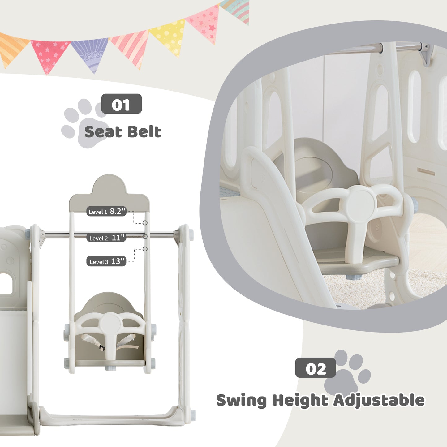 5 in 1 Toddler Slide and Swing Set with Drawing Whiteboard, Kitty-Themed Playset