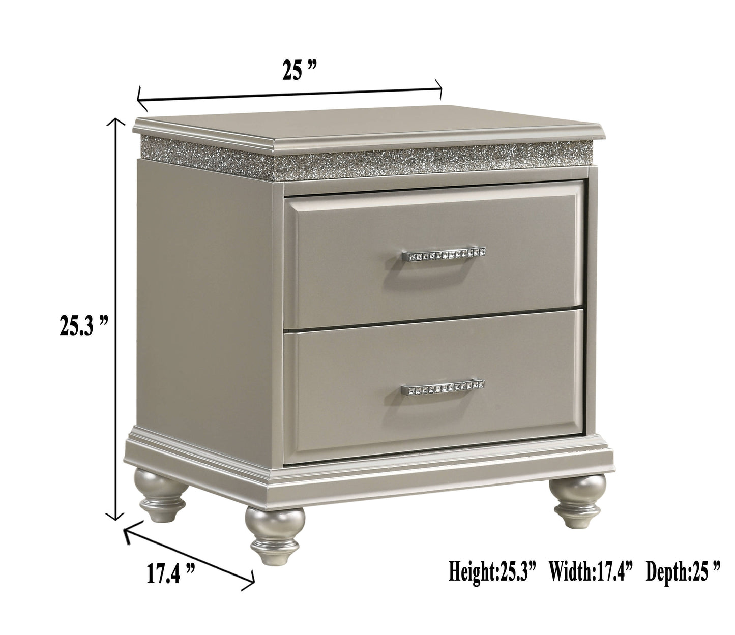 Traditional 1-Pc Glam Style Nightstand with Two Storage Drawers and Bun Feet Champagne Finish Solid Wood Bedroom Furniture