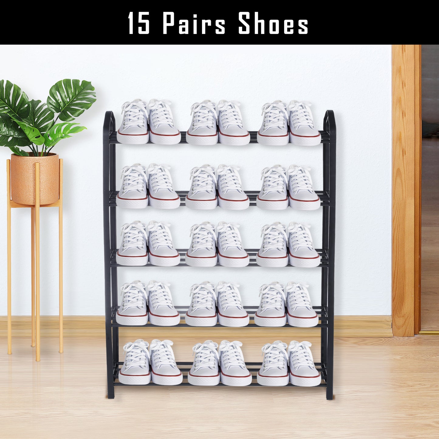 5-Tier Stackable Shoe Rack, 15-Pairs Sturdy Shoe Shelf Storage , Black Shoe Tower for Bedroom, Entryway, Hallway, and Closet