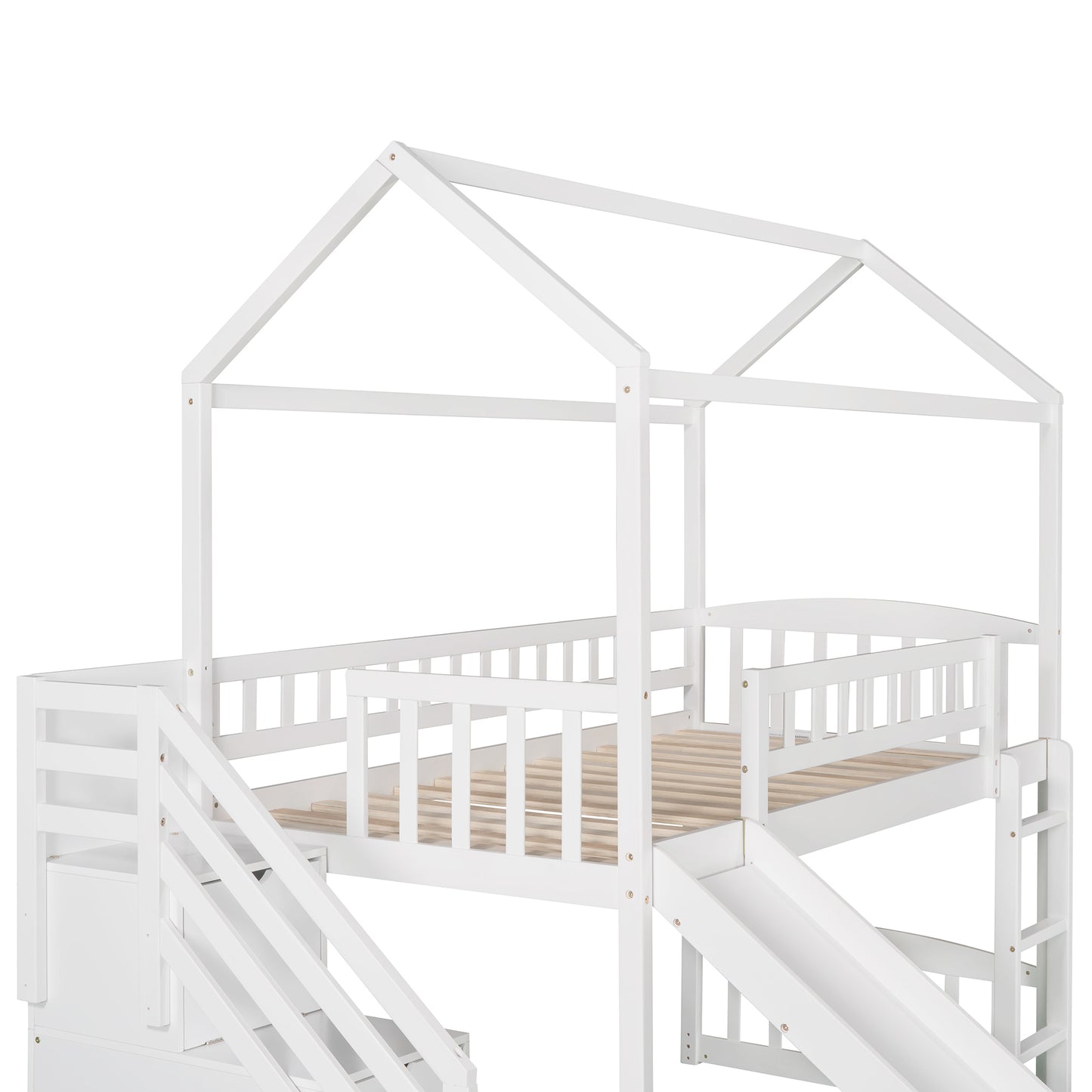 Twin Loft Bed with Two Drawers and Slide, House Bed with Slide, White