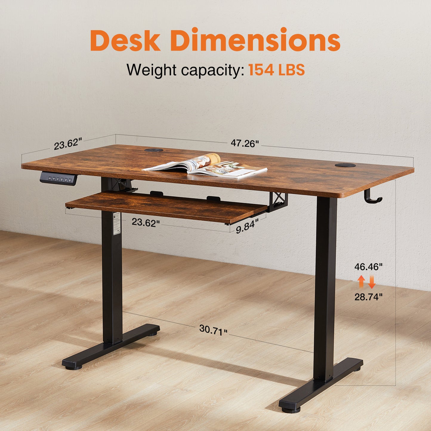 Electric Standing Desk with Keyboard Tray - Rustic Brown 48 x 24 Inches