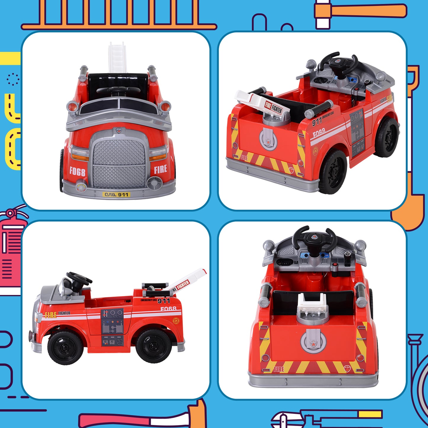 Electric Ride-On Fire Truck for Kids with Remote Control, Music, Lights, and Ladder