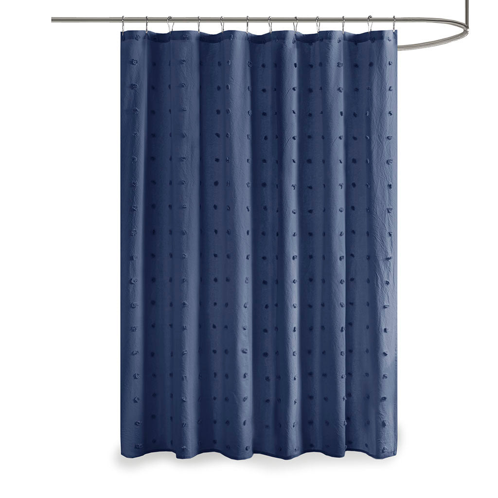 Indigo Blue Cotton Shower Curtain with Pompom Detail