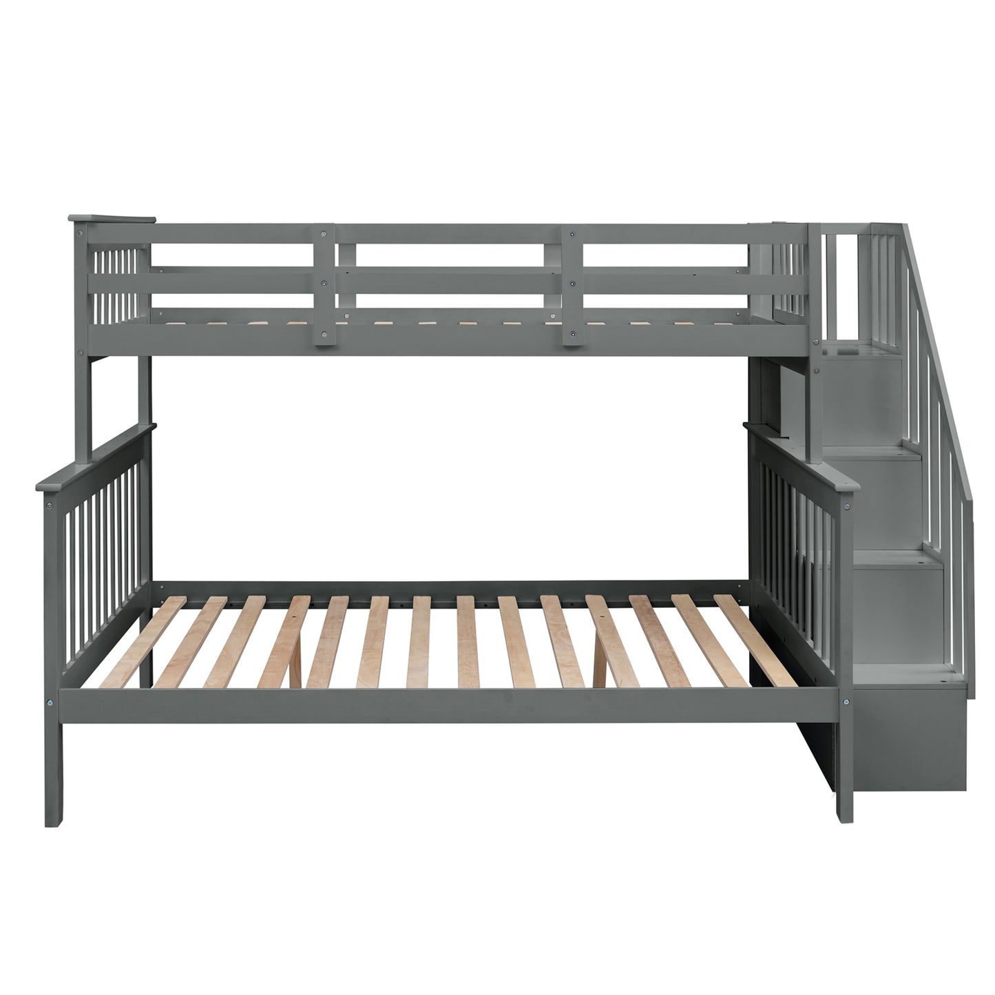 Gray Twin-Over-Full Bunk Bed with Staircase Storage and Safety Rail