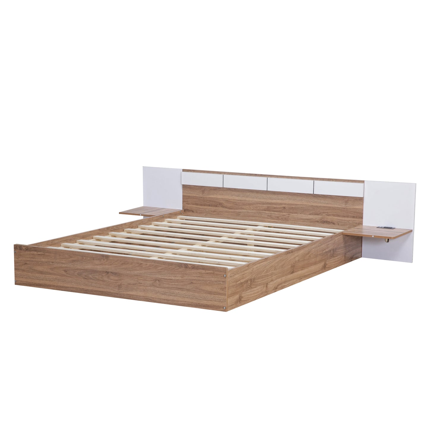 Queen Size Platform Bed with Headboard, Shelves, USB Ports and Sockets, Natural