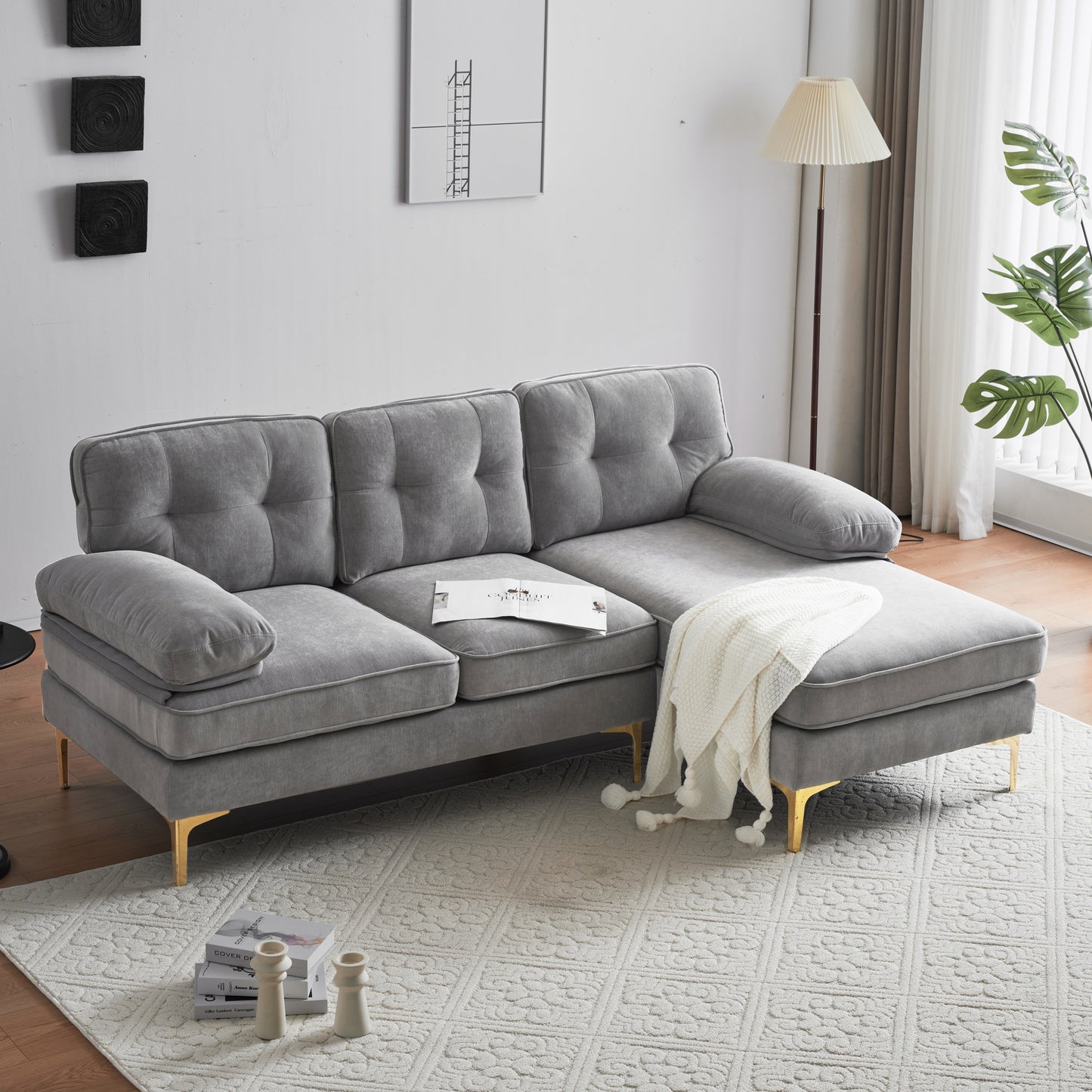 Modern Velvet L-Shaped Sectional Sofa in Light Grey