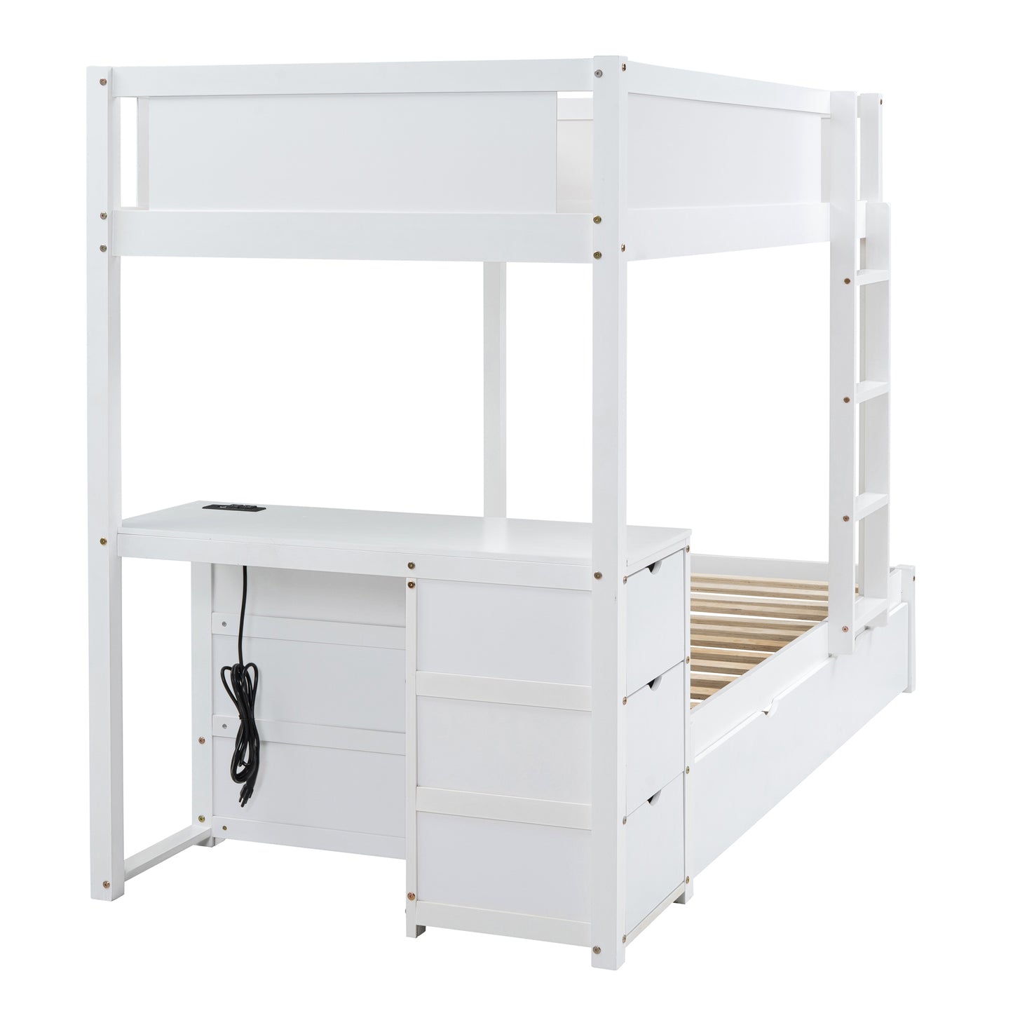 Twin Loft Bed with Trundle, Storage, Desk, and USB Outlets, White