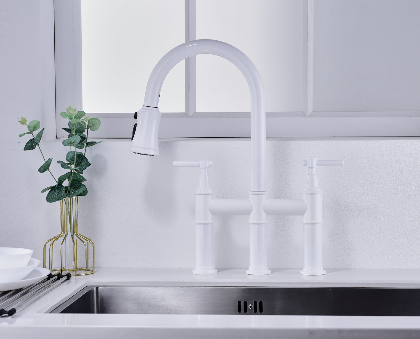 Bridge Kitchen Faucet with Pull-Down Sprayhead in Spot