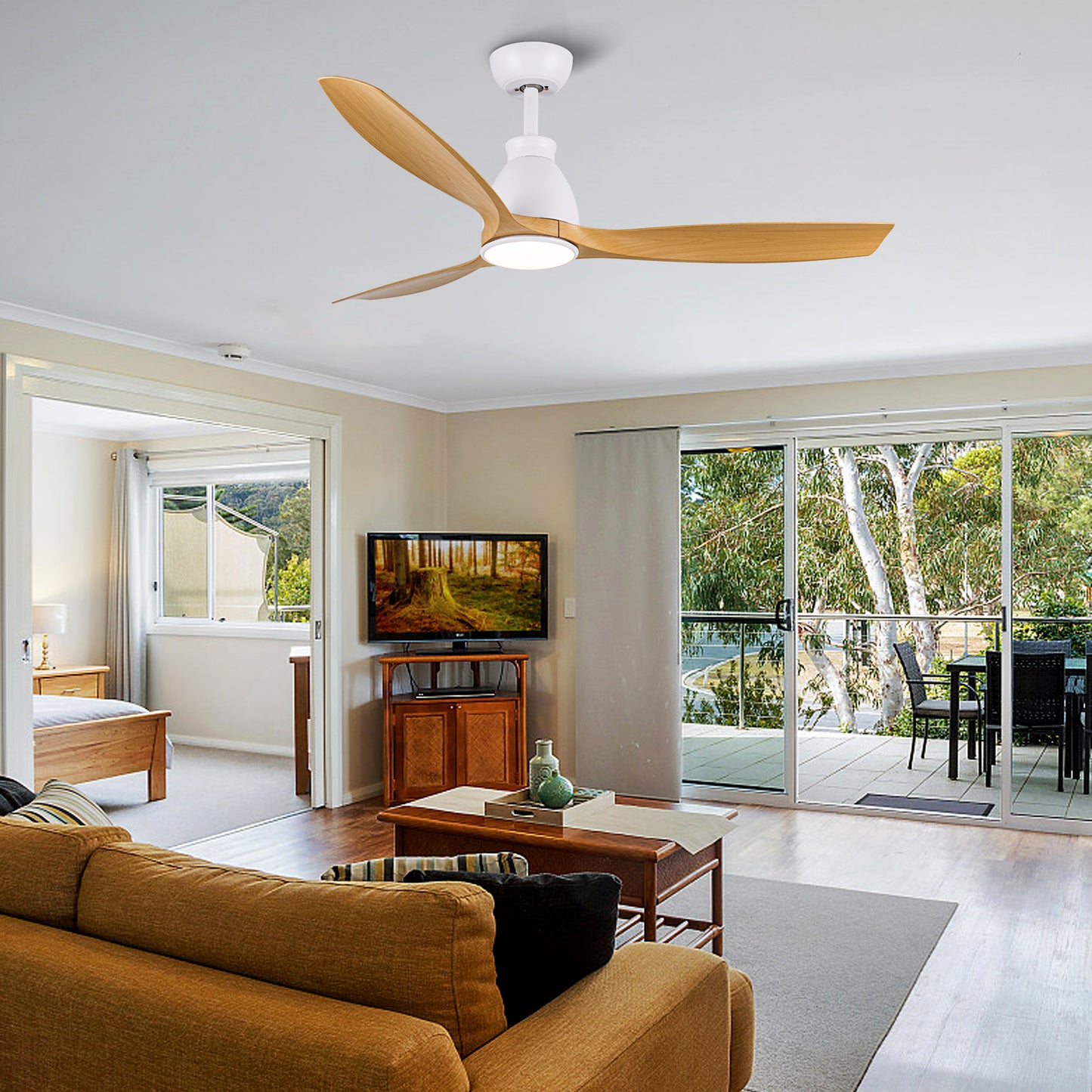 52-Inch LED Ceiling Fan with Antique Brown Wood Grain Blades