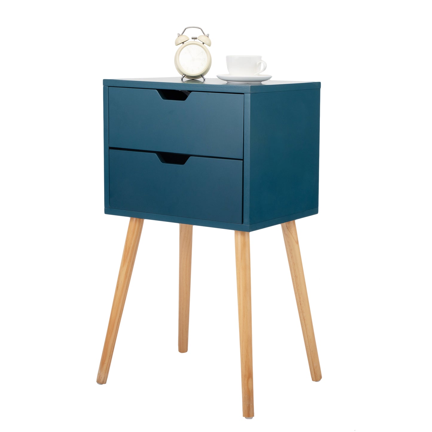 Set of 2 Nightstand with 2 Drawers, Mid Century Wood Bedside Table for Bedrooms Living Rooms, Sofa Side End Table, Blue