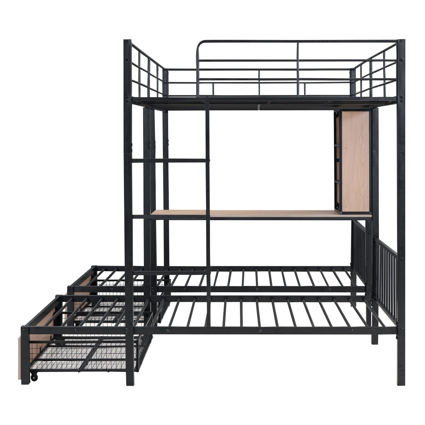 Full Over Twin & Twin Bunk Bed with Desks, Shelves, and Drawers in Black Metal Frame