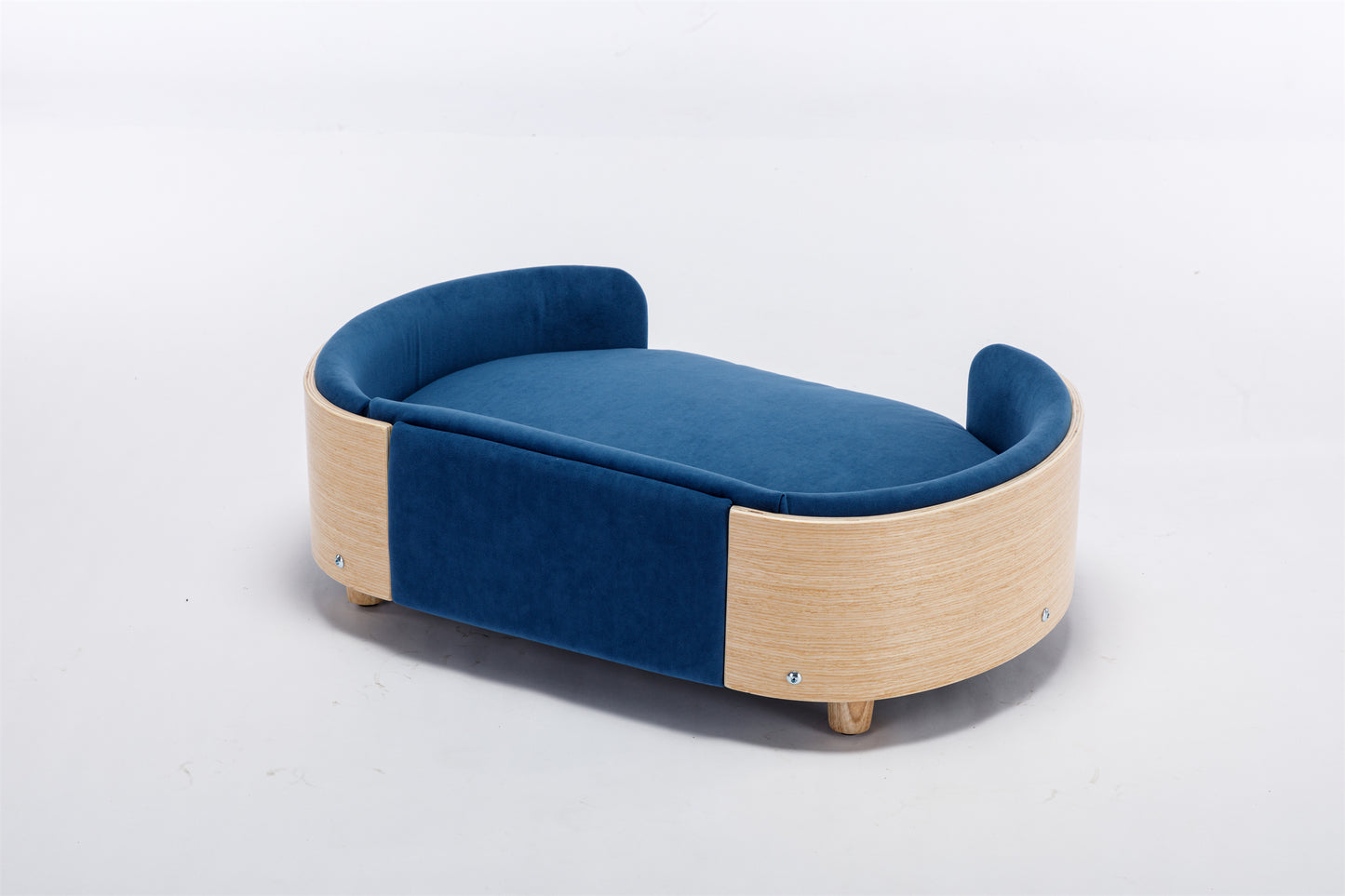 Scandinavian style Elevated Dog Bed Pet Sofa With Solid Wood legs and Bent Wood Back, Velvet Cushion,Mid Size,Dark Blue