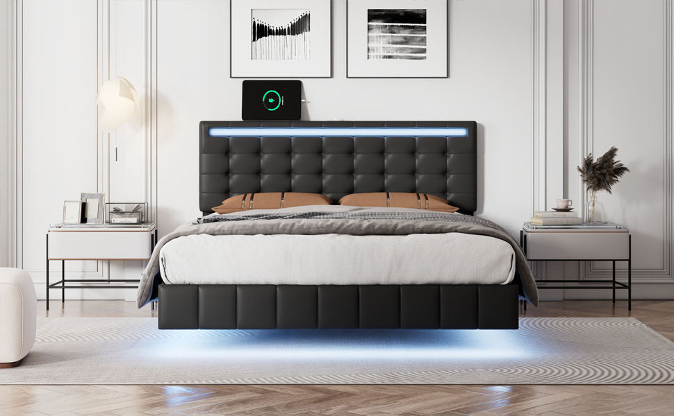 Full Size Floating Bed Frame with LED Lights and USB Charging,Modern Upholstered Platform LED Bed Frame,Black(Full)