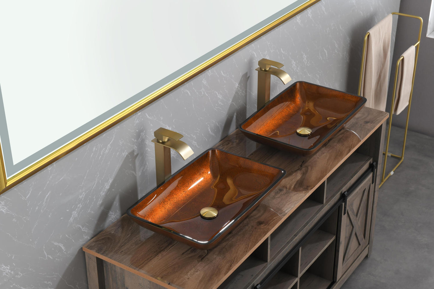 Luxurious Handmade Glass Vessel Sink Set in Deep Chocolate Brown Finish with Gold Accents