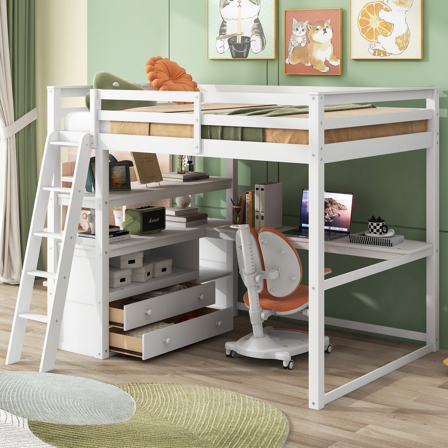 Full Size Loft Bed with Desk and Shelves,Two Built-in Drawers,White(: SM000416AAK)