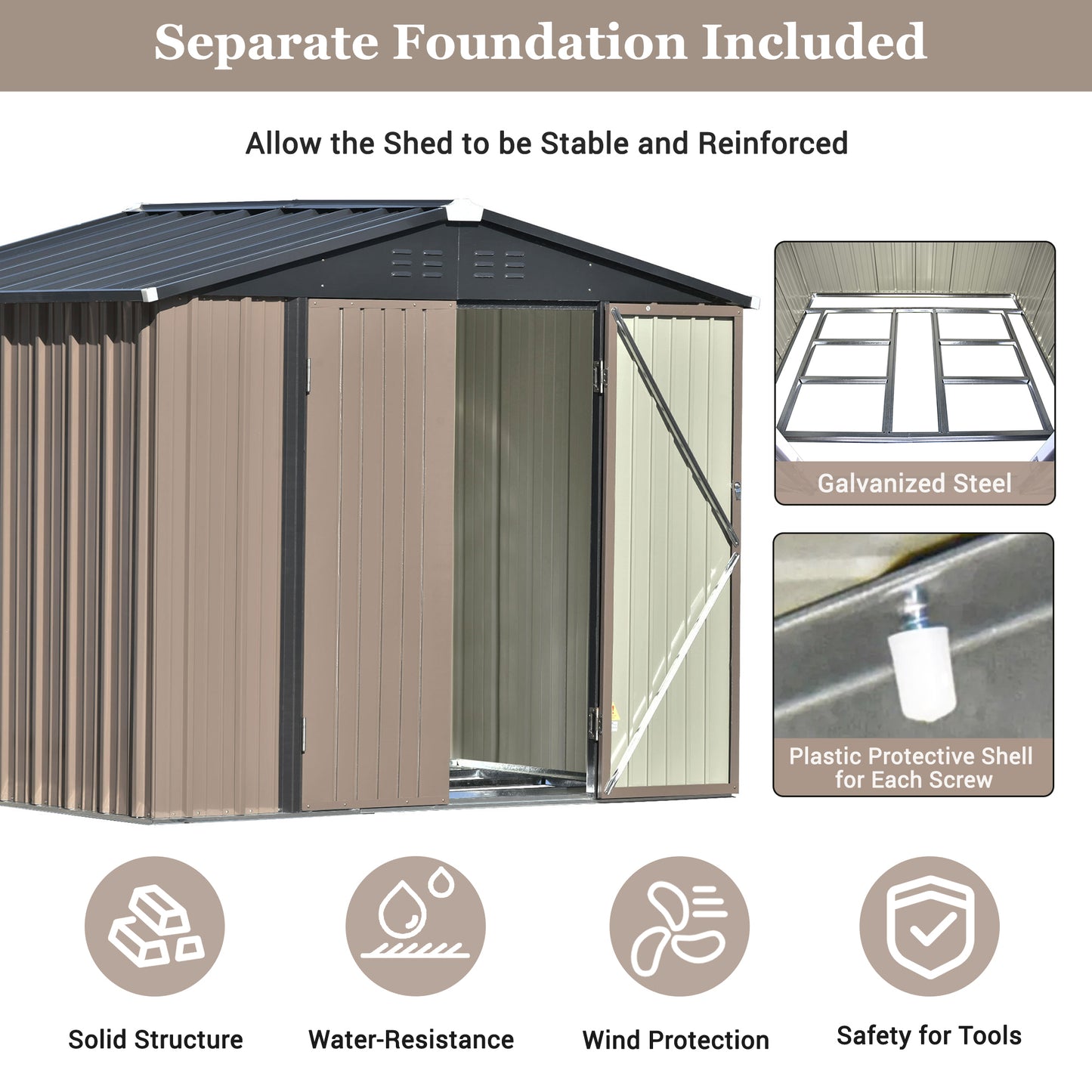 Patio 8ft x6ft Bike Shed Garden Shed, Metal Storage Shed with Adjustable Shelf and Lockable Doors, Tool Cabinet with Vents and Foundation Frame for Backyard, Lawn, Garden, Brown