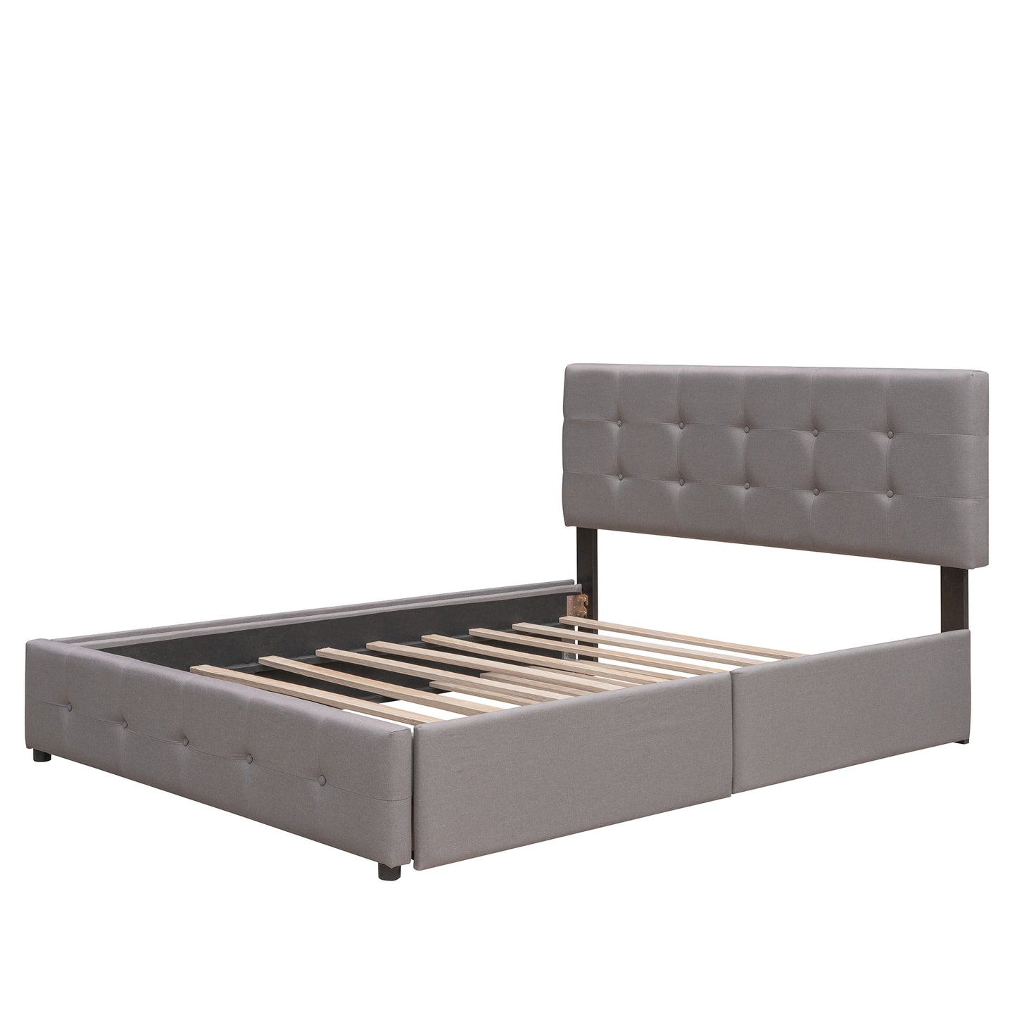 Upholstered Platform Bed with 2 Drawers and 1 Twin XL Trundle,  Linen Fabric, Queen Size - Light Gray