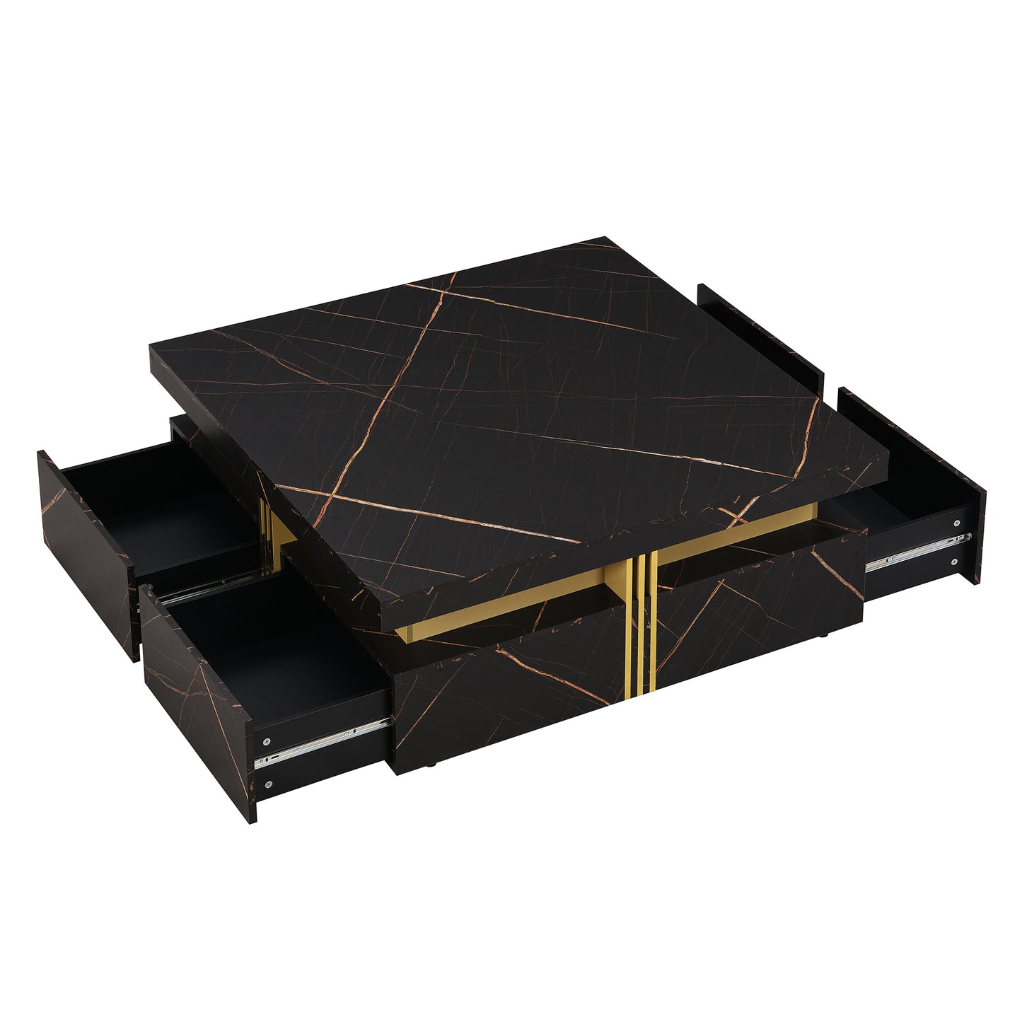 Contemporary Square Black Coffee Table with Gold Accents and Storage Drawers