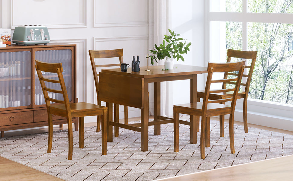 5-Piece Wood Square Drop Leaf Breakfast Nook Extendable Dining Table Set with 4 Ladder Back Chairs for Small Places, Brown