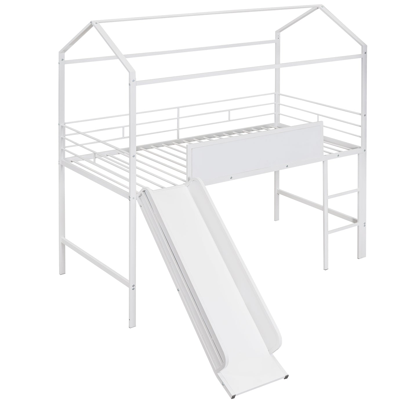 Metal House Bed With Slide, Twin Size Metal Loft Bed with Two-sided writable Wooden Board (White )