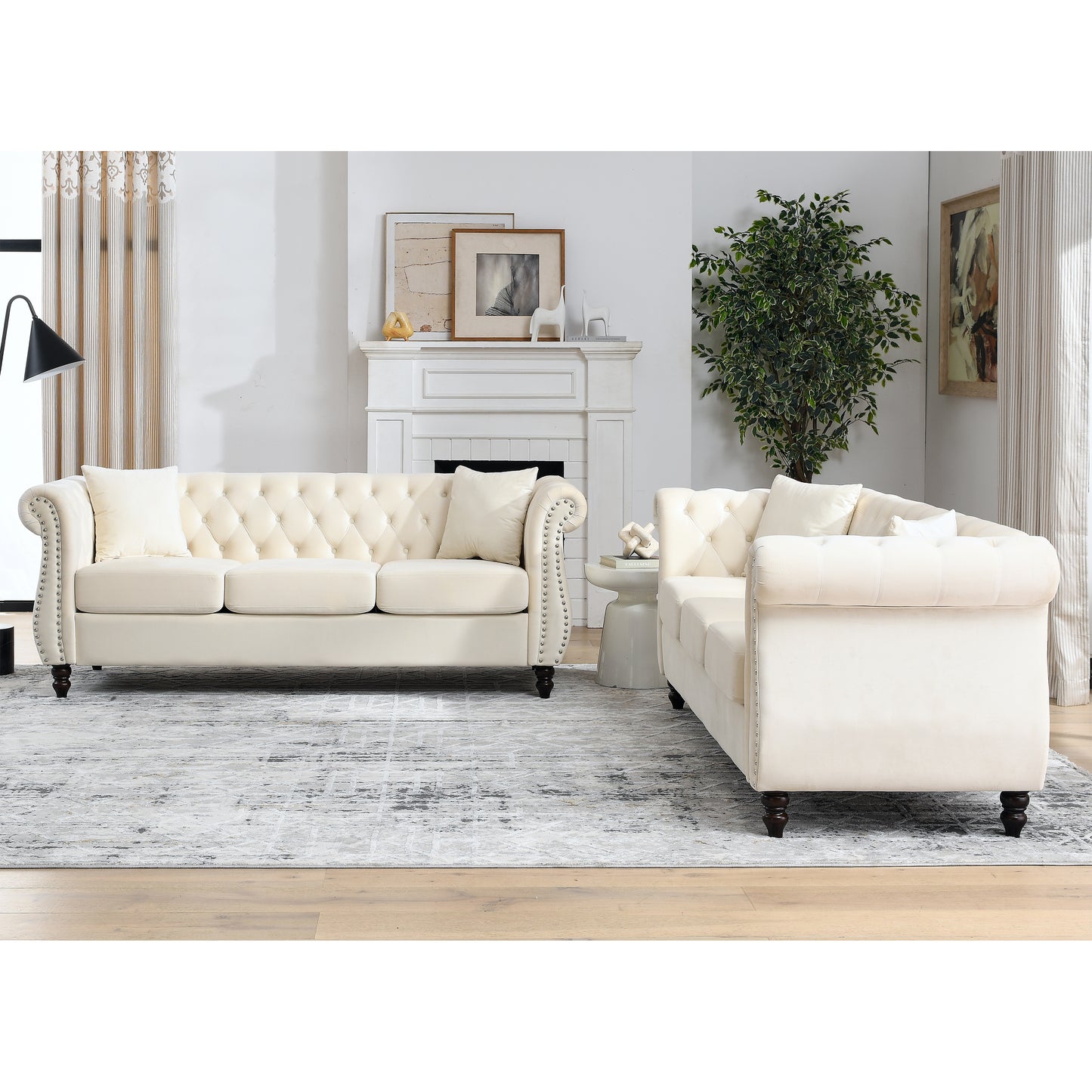 Beige Velvet Chesterfield 3-Seater Sofa Set